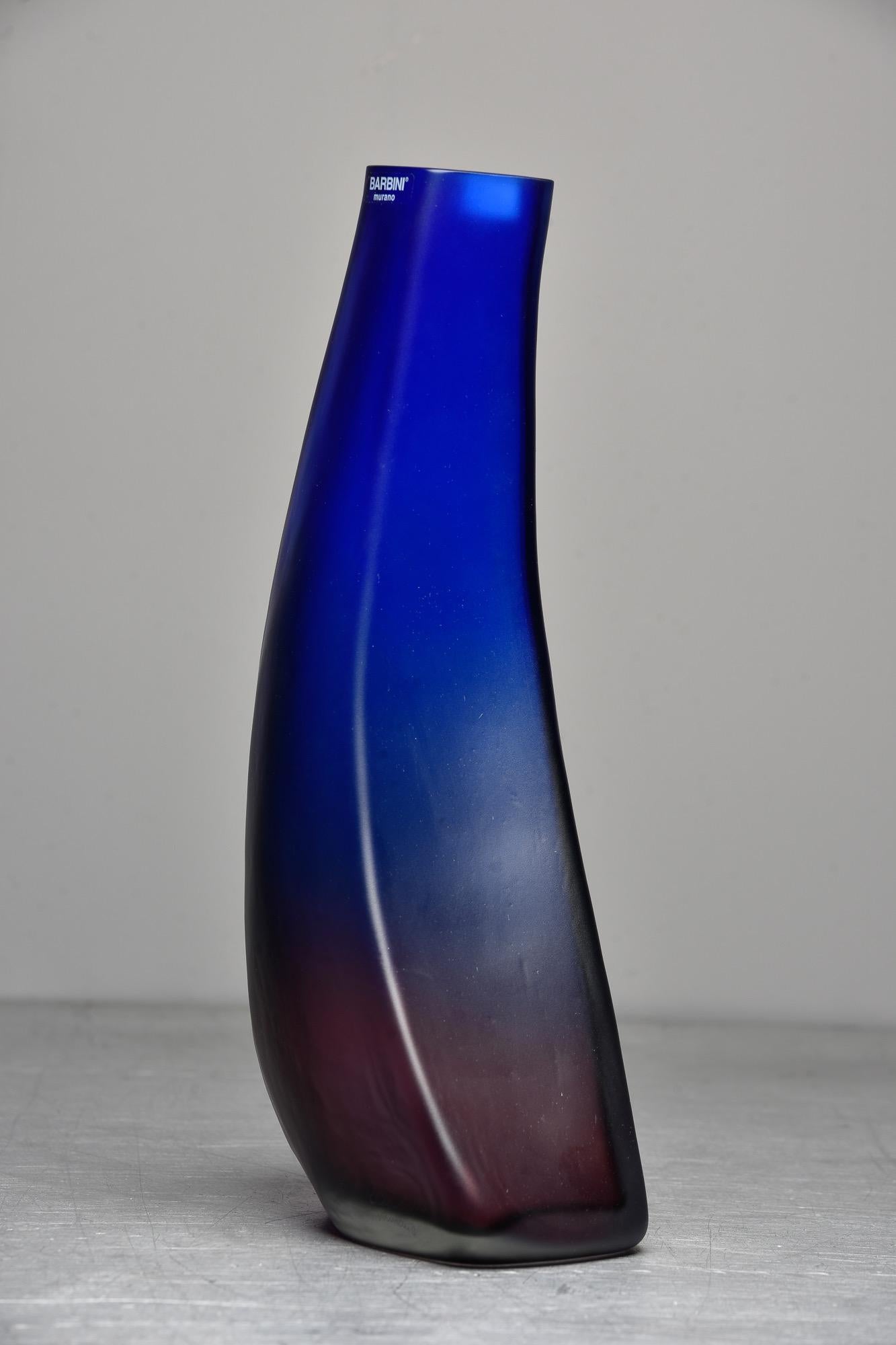 Contemporary Tall Signed Barbini Blue to Amethyst Ombre Murano Glass Vase