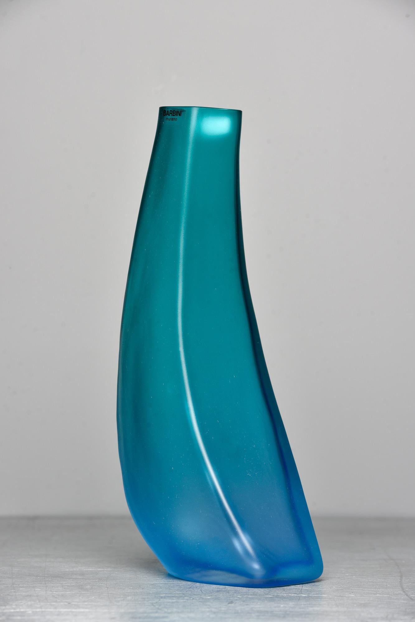 Tall Signed Barbini Green to Blue Ombre Murano Glass Vase In Excellent Condition In Troy, MI