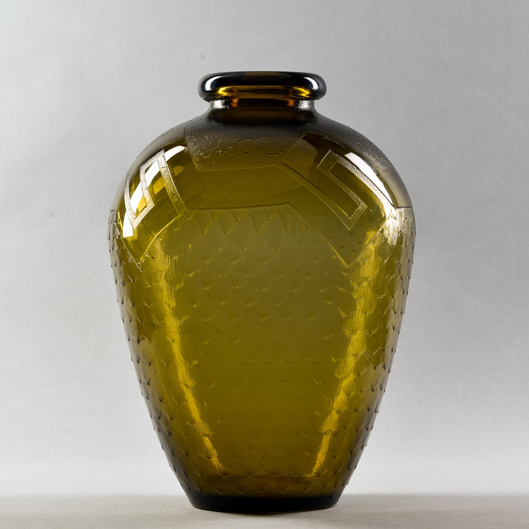 Tall Signed Daum Art Deco Era Acid Etched Taupe Art Glass Vase 3