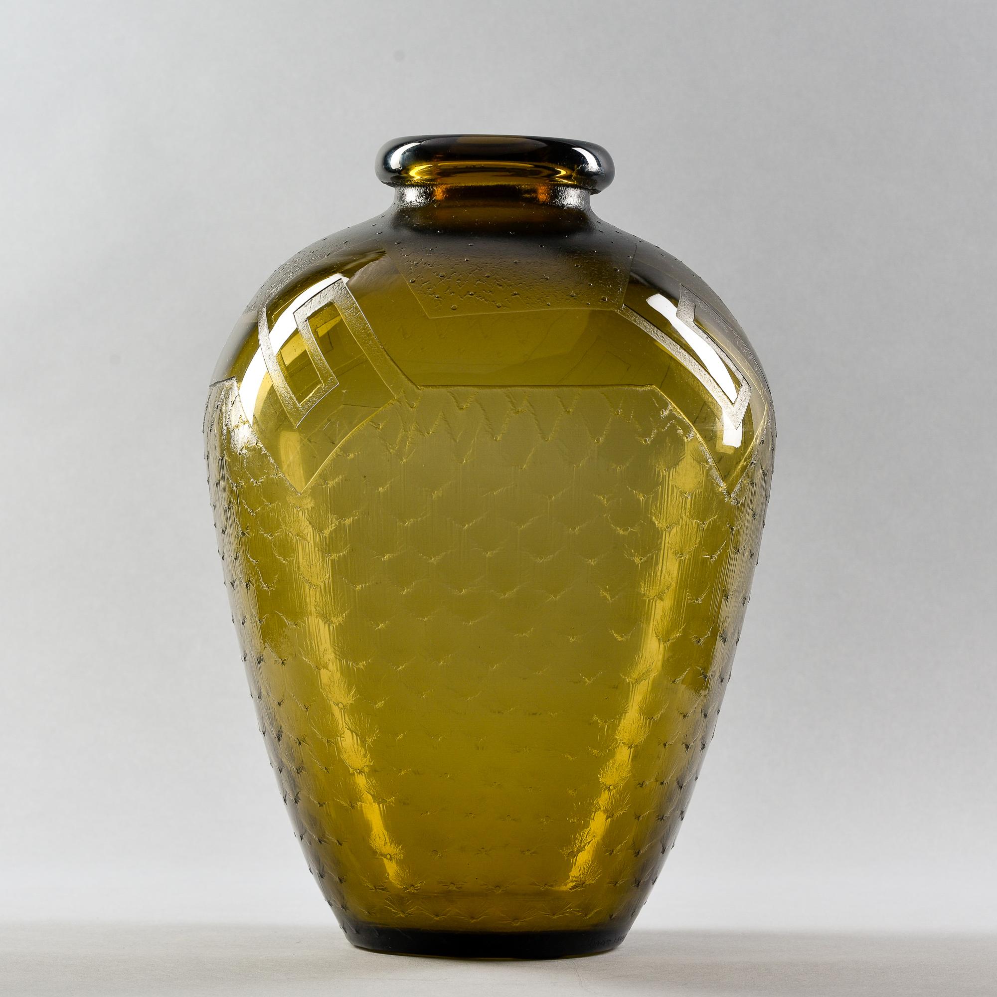 Tall Signed Daum Art Deco Era Acid Etched Taupe Art Glass Vase 4