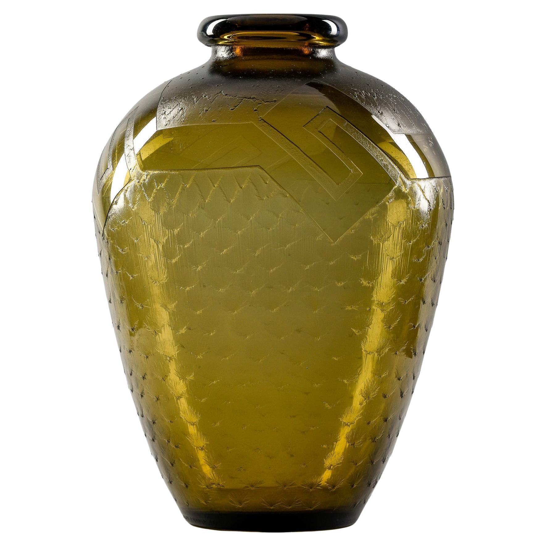 Tall Signed Daum Art Deco Era Acid Etched Taupe Art Glass Vase