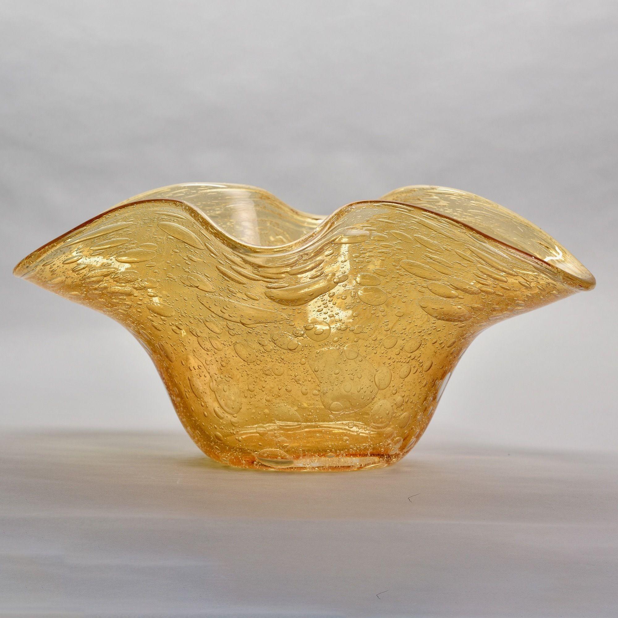 Mid-Century Modern Tall Signed Gold Murano Glass Bowl with Bubbles