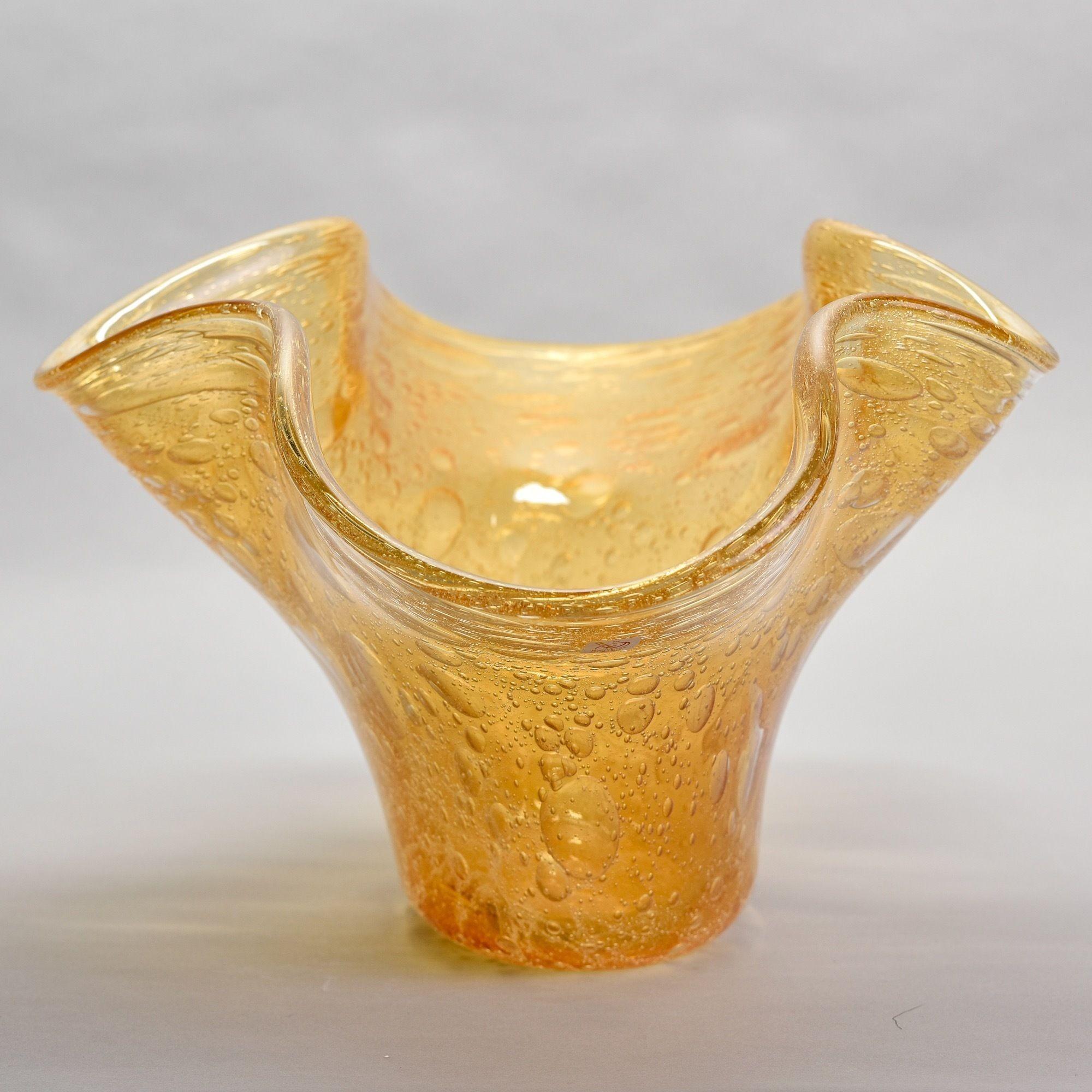 Italian Tall Signed Gold Murano Glass Bowl with Bubbles