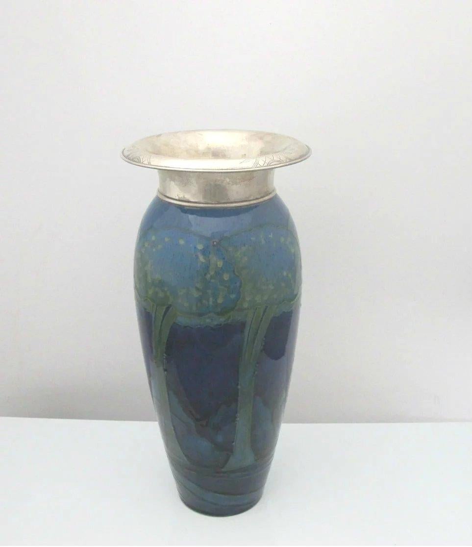 Early 20th Century Tall Signed Moorcroft Moonlit Tree Pattern Vase with Sterling Silver Rim For Sale