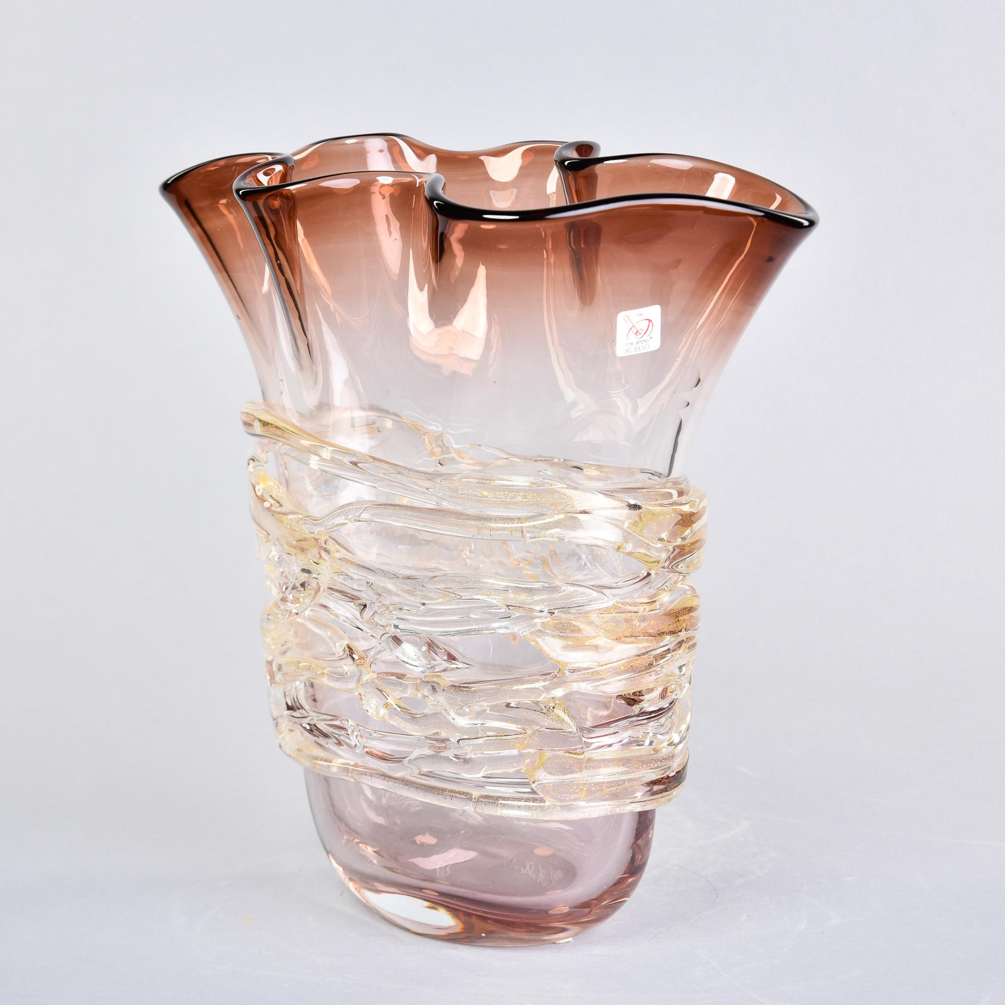 Late 20th Century Tall Signed Murano Vase with Wide Band of Applied Stringing For Sale