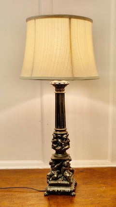 Tall Silver Gilt Metal Table Lamp with Putti