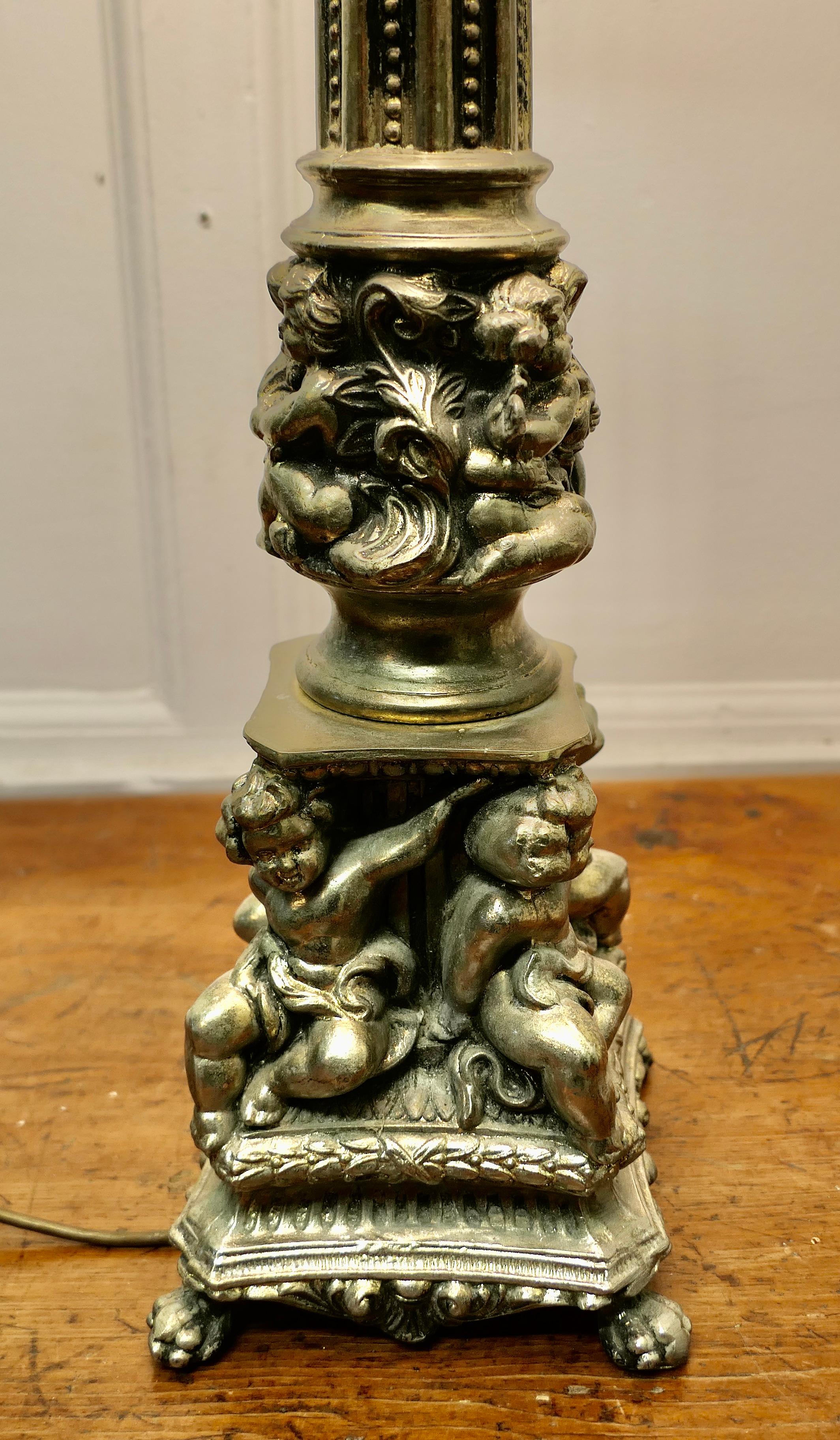 Early 20th Century Tall Silver Gilt Metal Table Lamp with Putti    For Sale