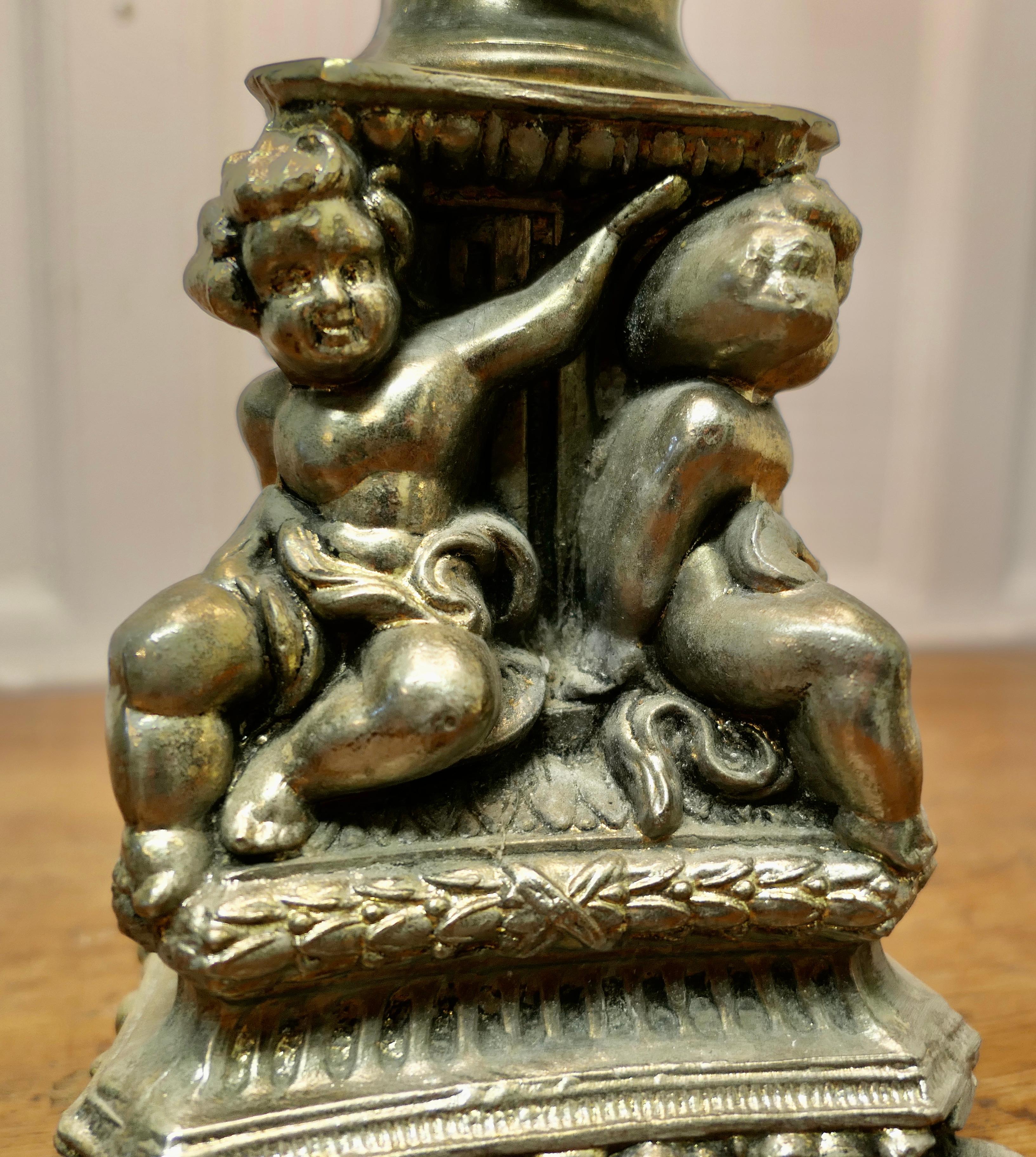 Tall Silver Gilt Metal Table Lamp with Putti    For Sale 1