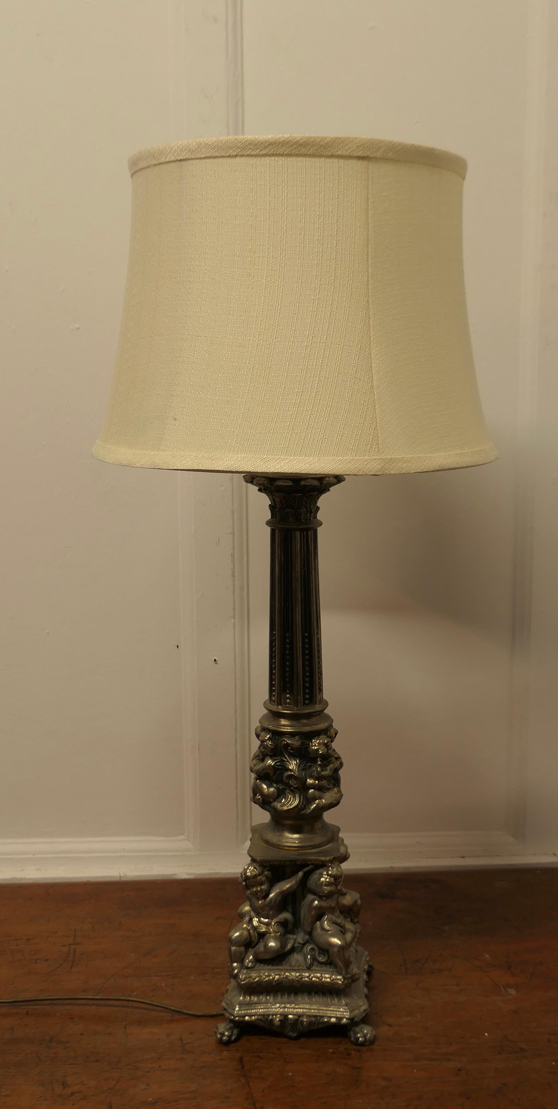 Tall Silver Gilt Metal Table Lamp with Putti    For Sale 2