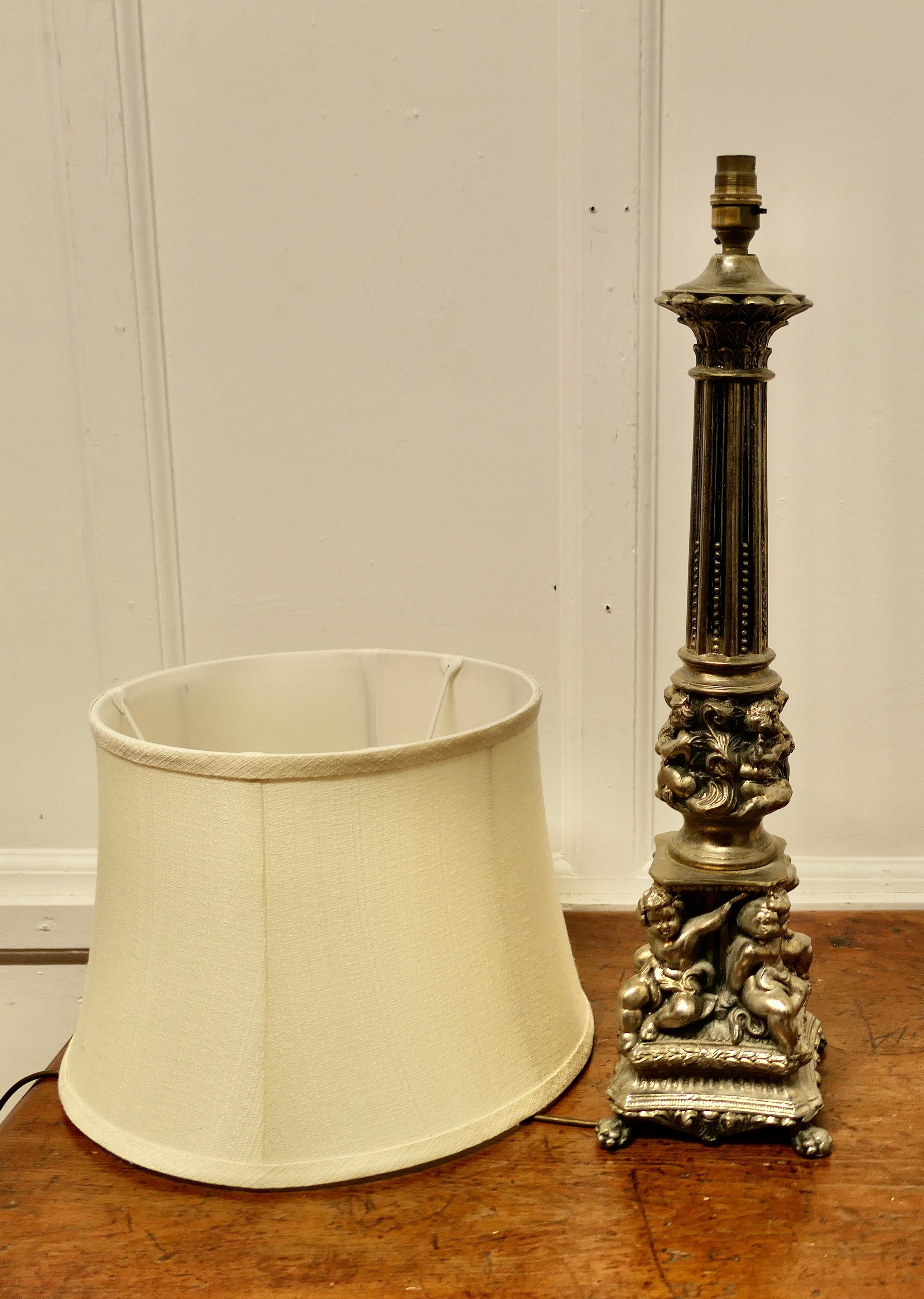 Tall Silver Gilt Metal Table Lamp with Putti    For Sale 3