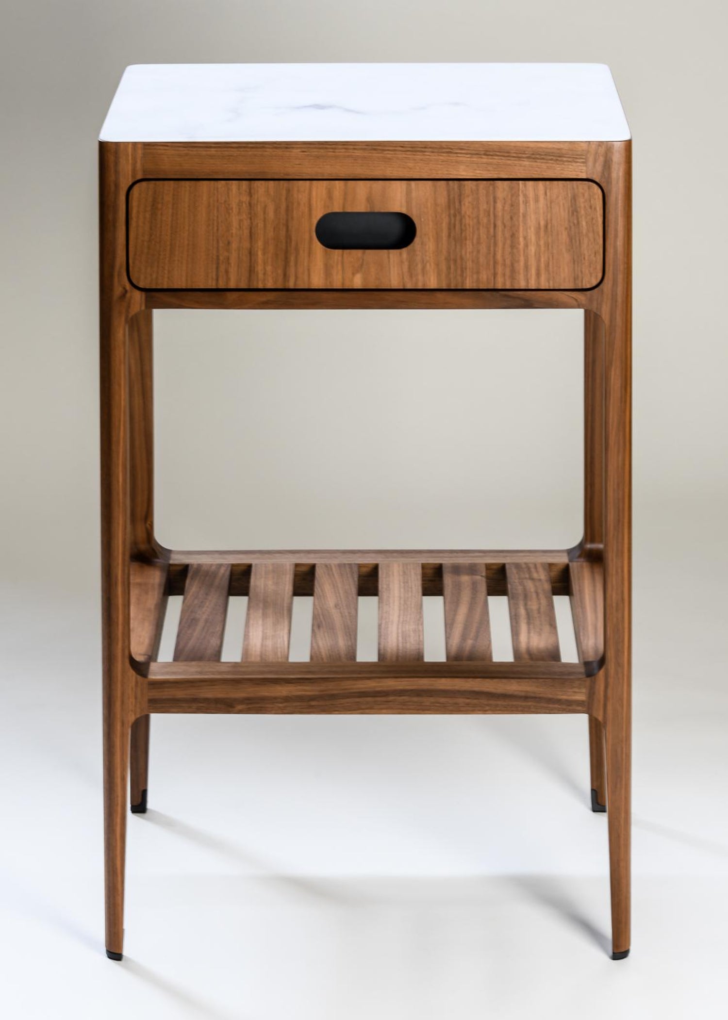 tall end table with shelves on Radius Tall Single Drawer Side Table In Walnut By Munson Furniture For Sale At 1stdibs