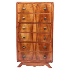 Tall Slim French Art Deco Walnut Chest of Drawers