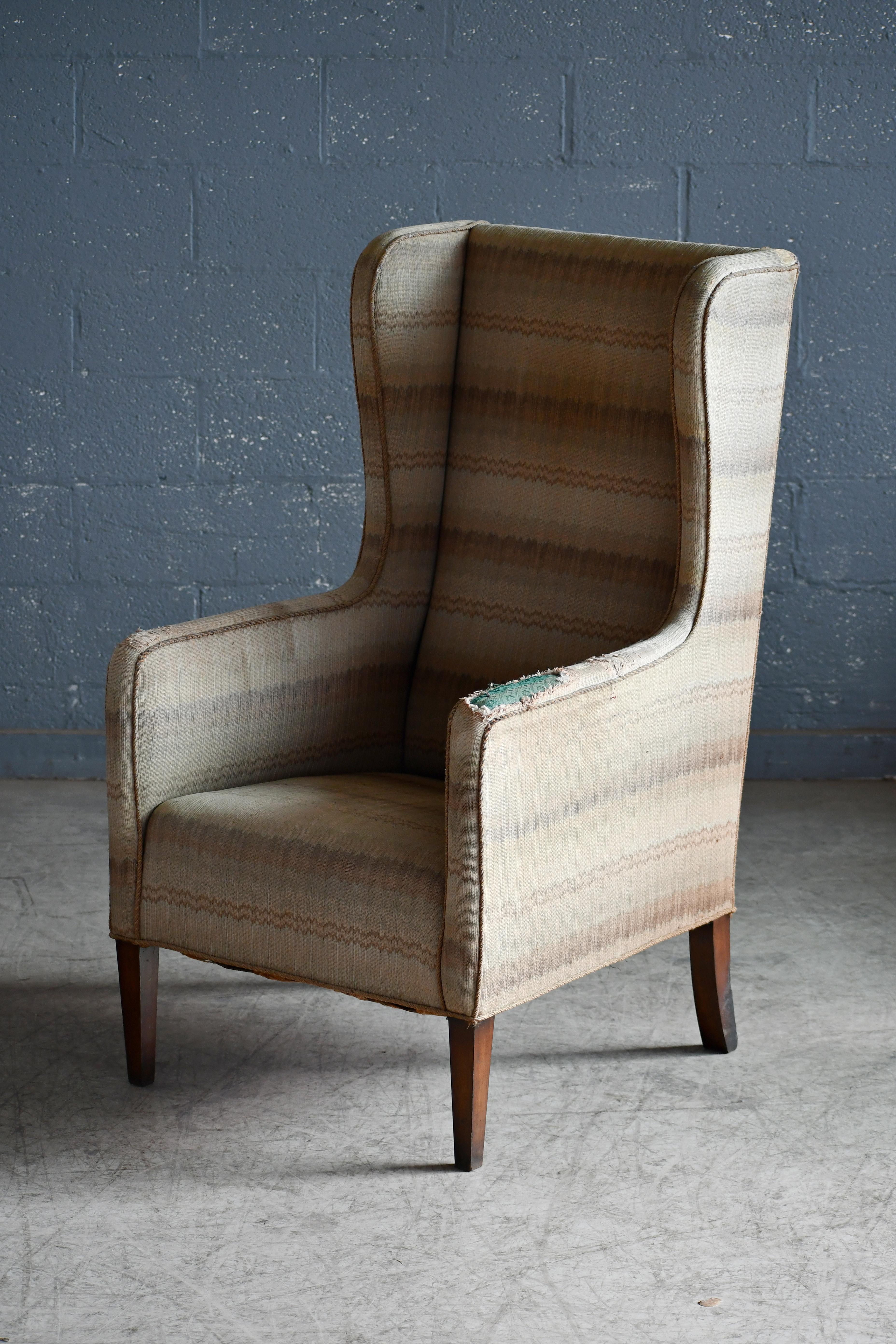 Mid-20th Century Tall Slim Frits Henningsen Style Highback Lounge Chair, Denmark 1950's For Sale