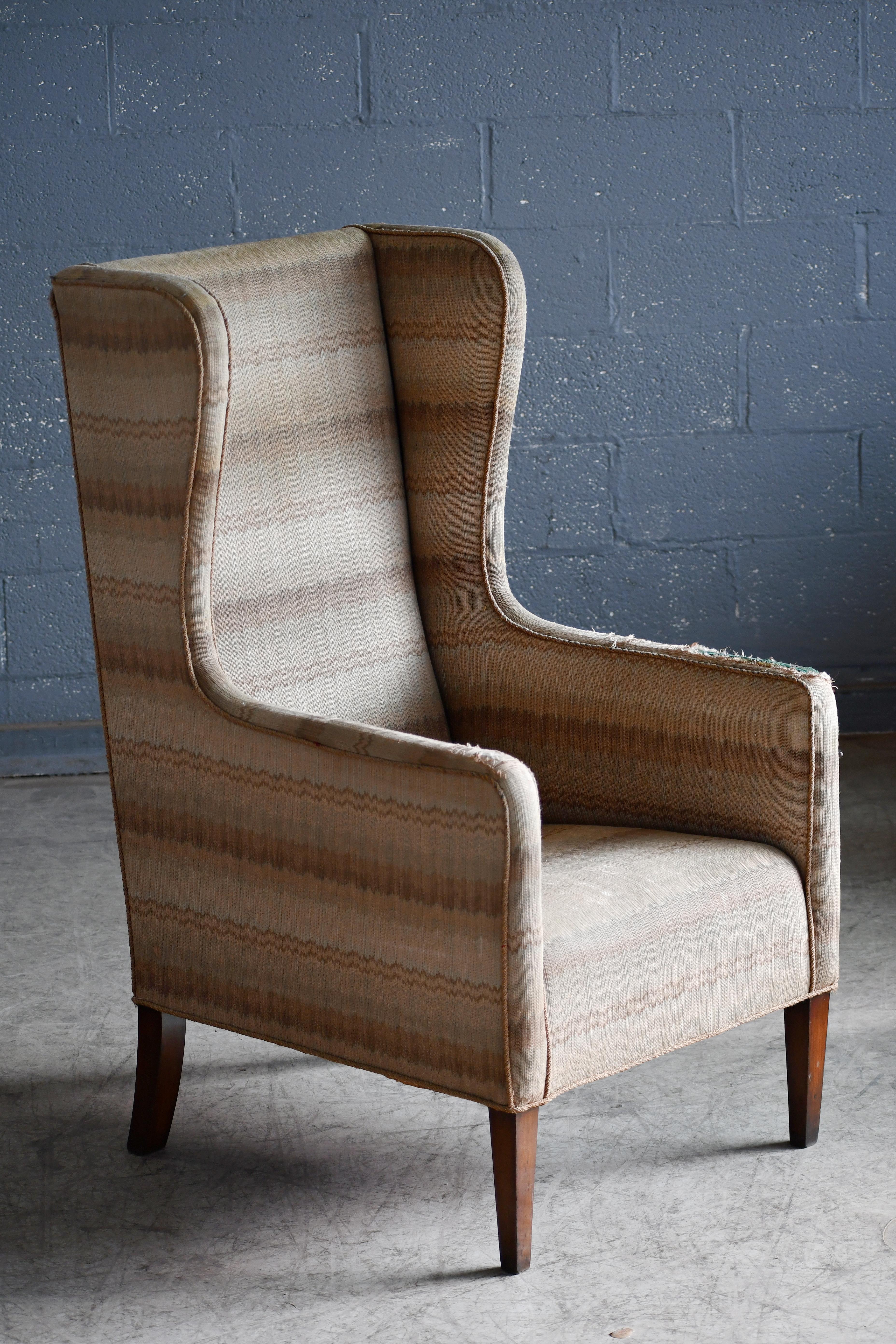 Wool Tall Slim Frits Henningsen Style Highback Lounge Chair, Denmark 1950's For Sale