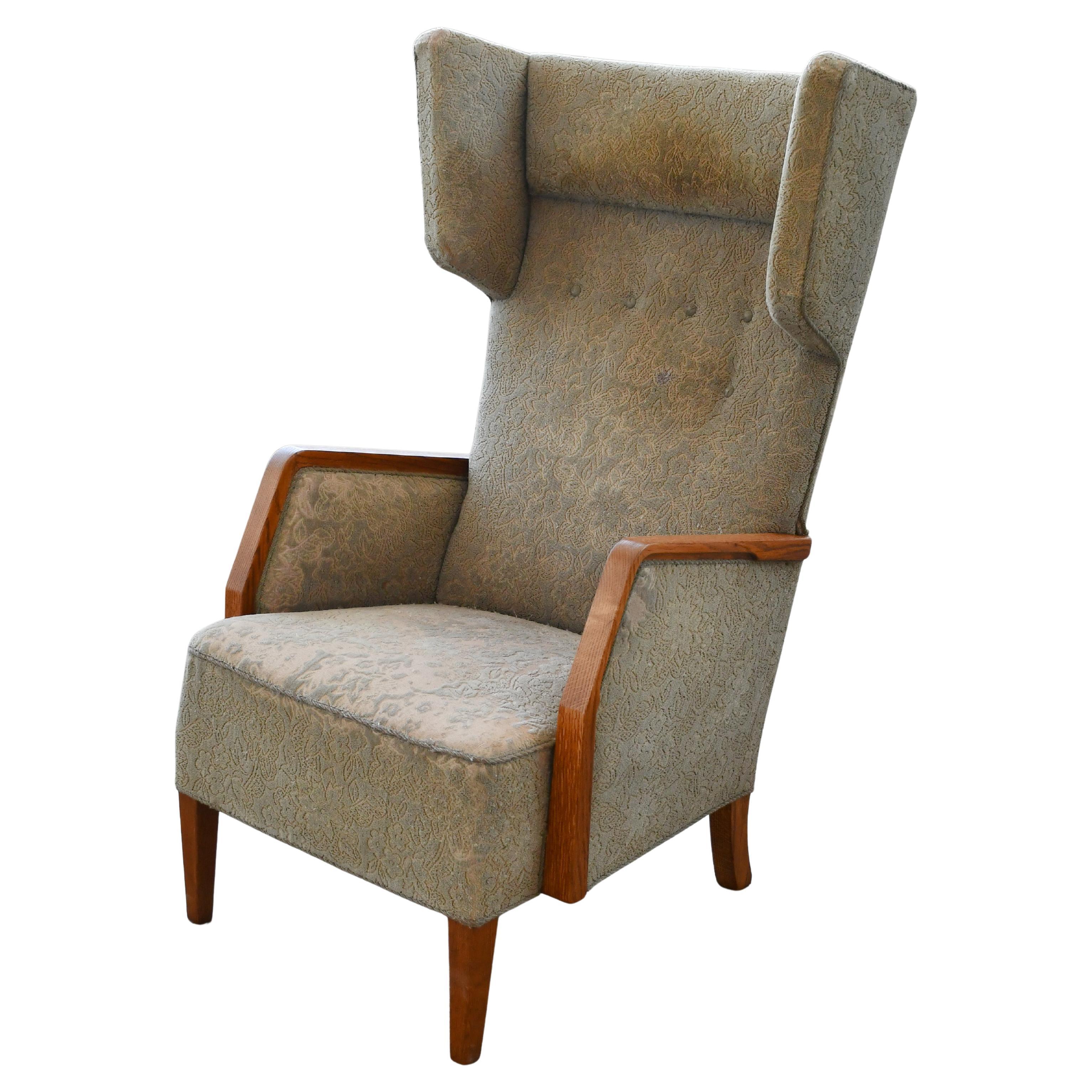 Tall Slim Frits Henningsen Style Highback Lounge Chair with Oak, Denmark 1950's For Sale