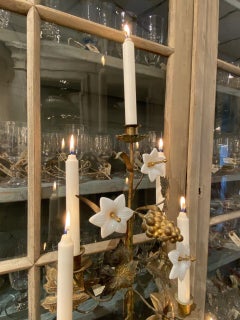Tall Slim Gilt Bronze Church Candelabra, Opaque Flowers, Brass Ornamentation