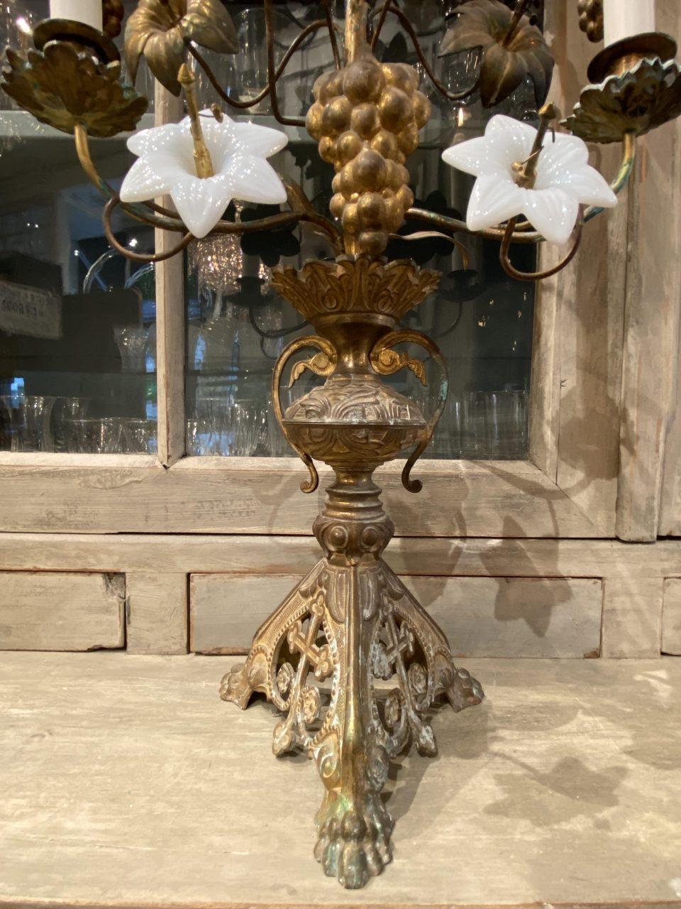 Tall Slim Gilt Bronze Church Candelabra, Opaque Flowers, Brass Ornamentation In Good Condition In Copenhagen K, DK