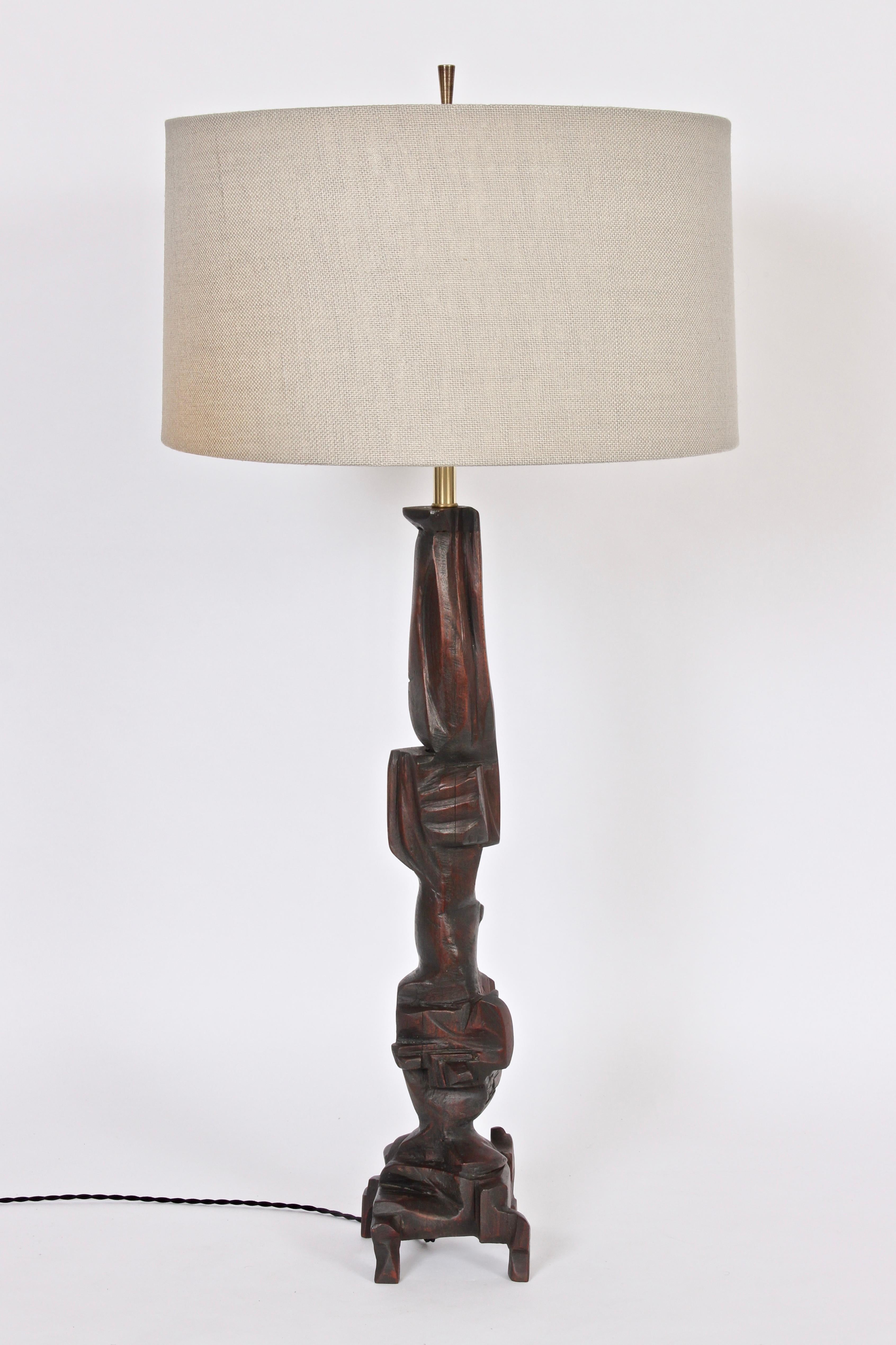 Monumental Smokey Tunis Hand Carved Dark Poplar Table Lamp, 1969 3