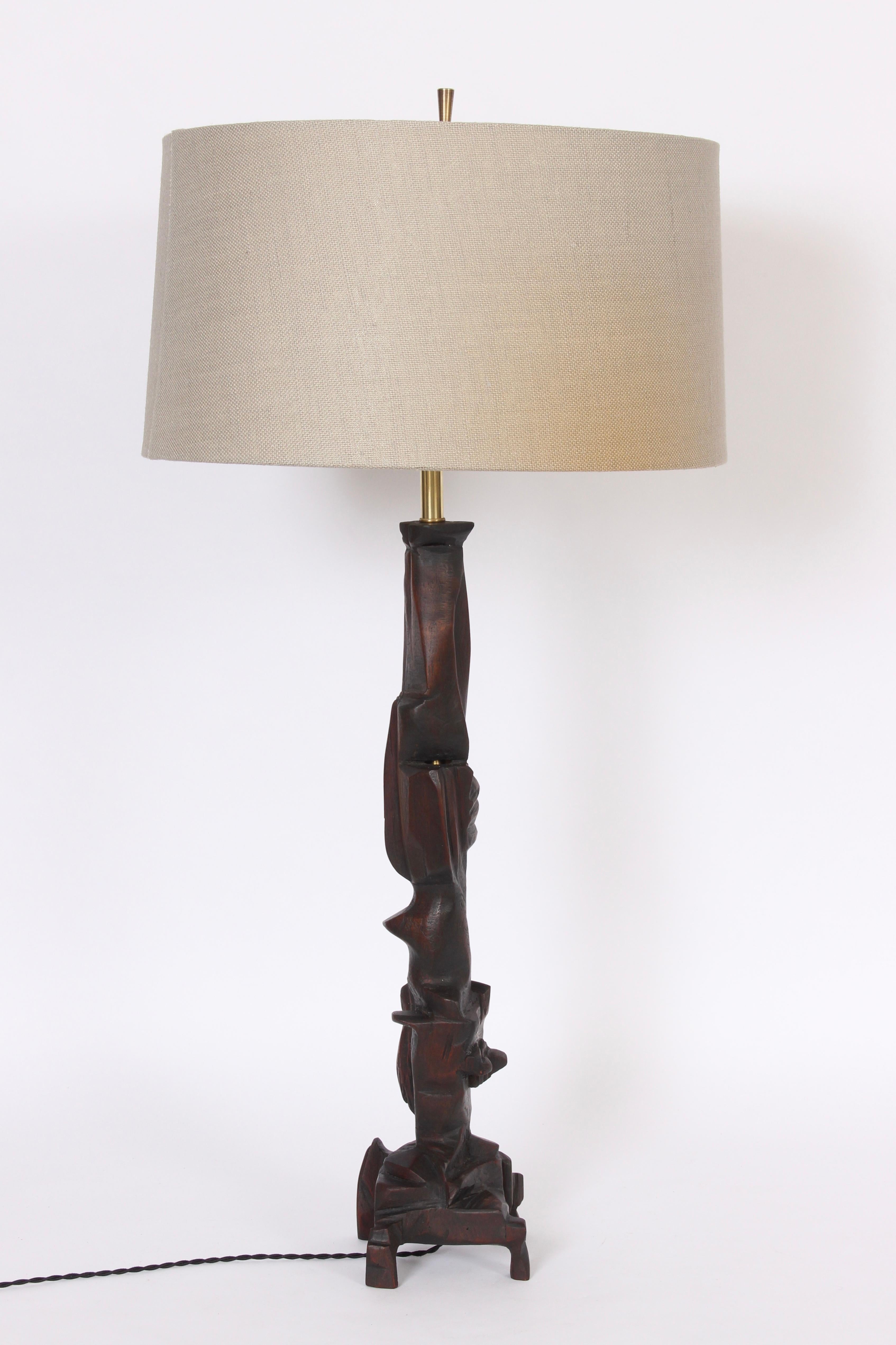 Monumental Smokey Tunis Hand Carved Dark Poplar Table Lamp, 1969 4