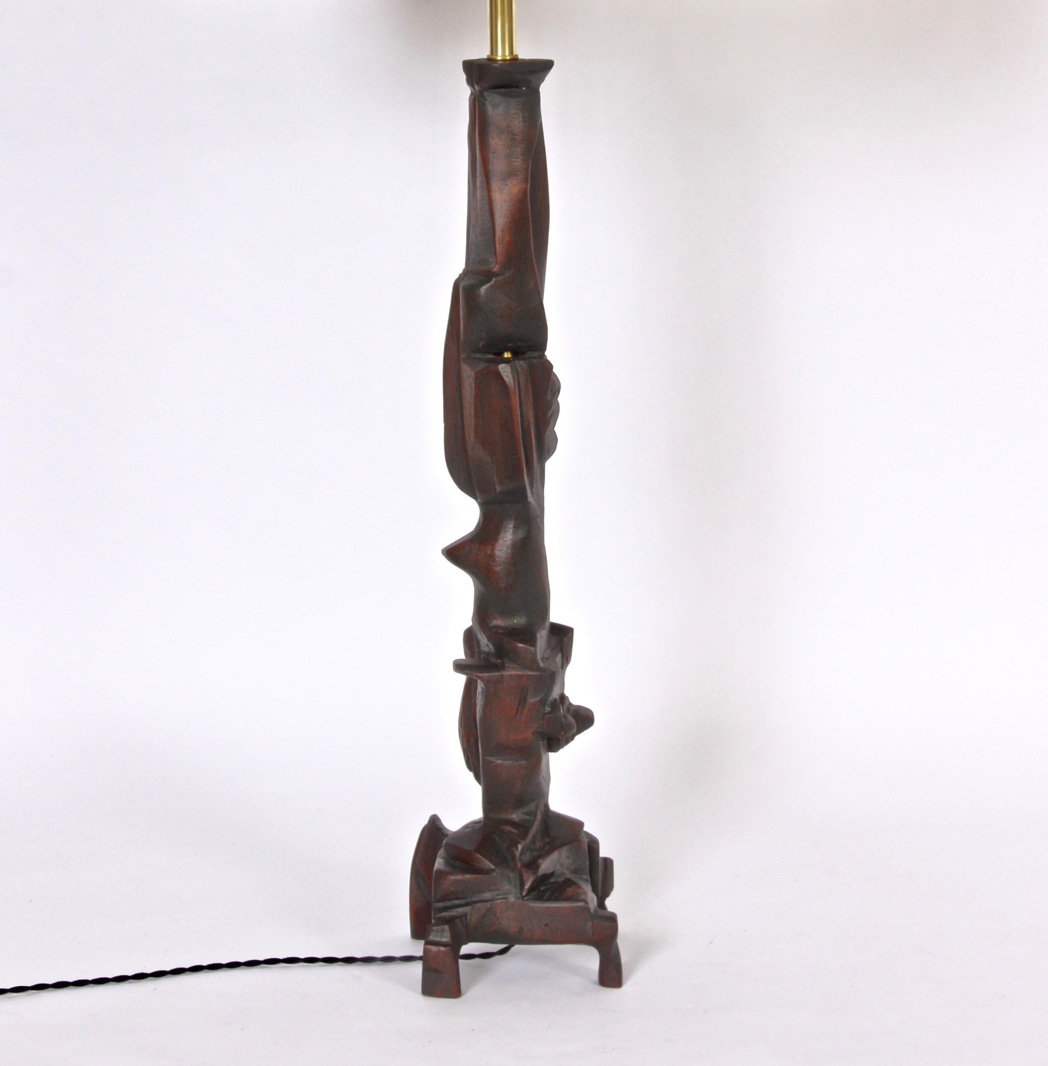 Mid-Century Modern Monumental Smokey Tunis Hand Carved Dark Poplar Table Lamp, 1969