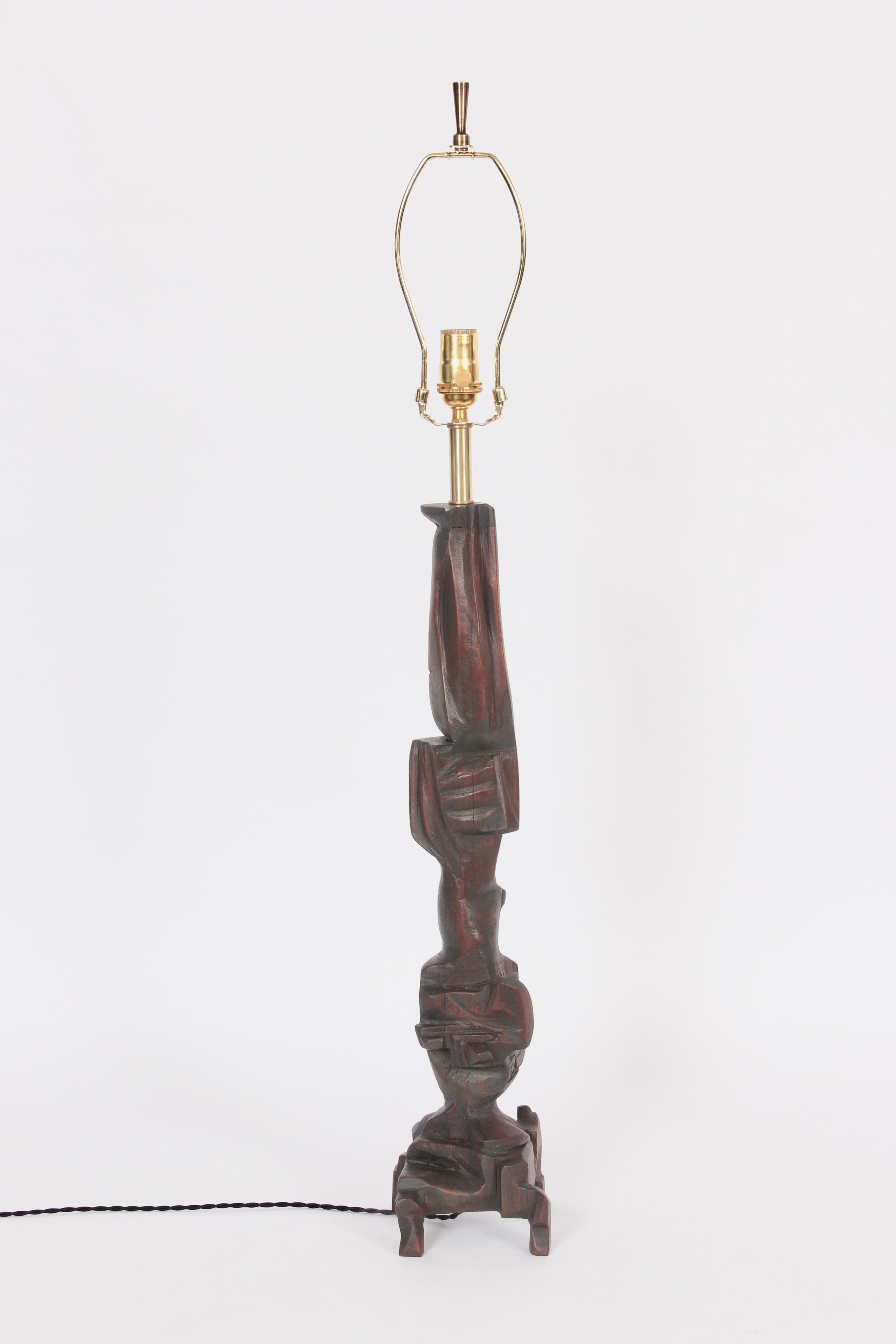 American Monumental Smokey Tunis Hand Carved Dark Poplar Table Lamp, 1969