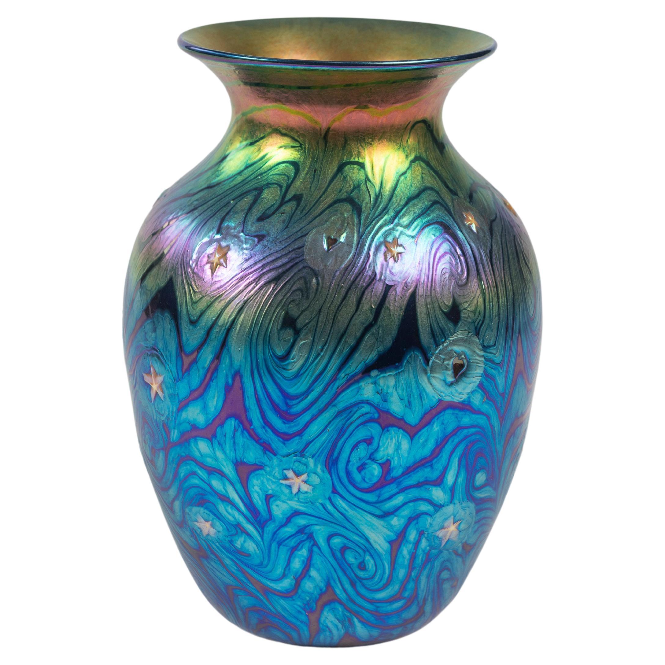 Tall "Starry Night" Art Glass Vase, Lundberg Studios of California, Signed