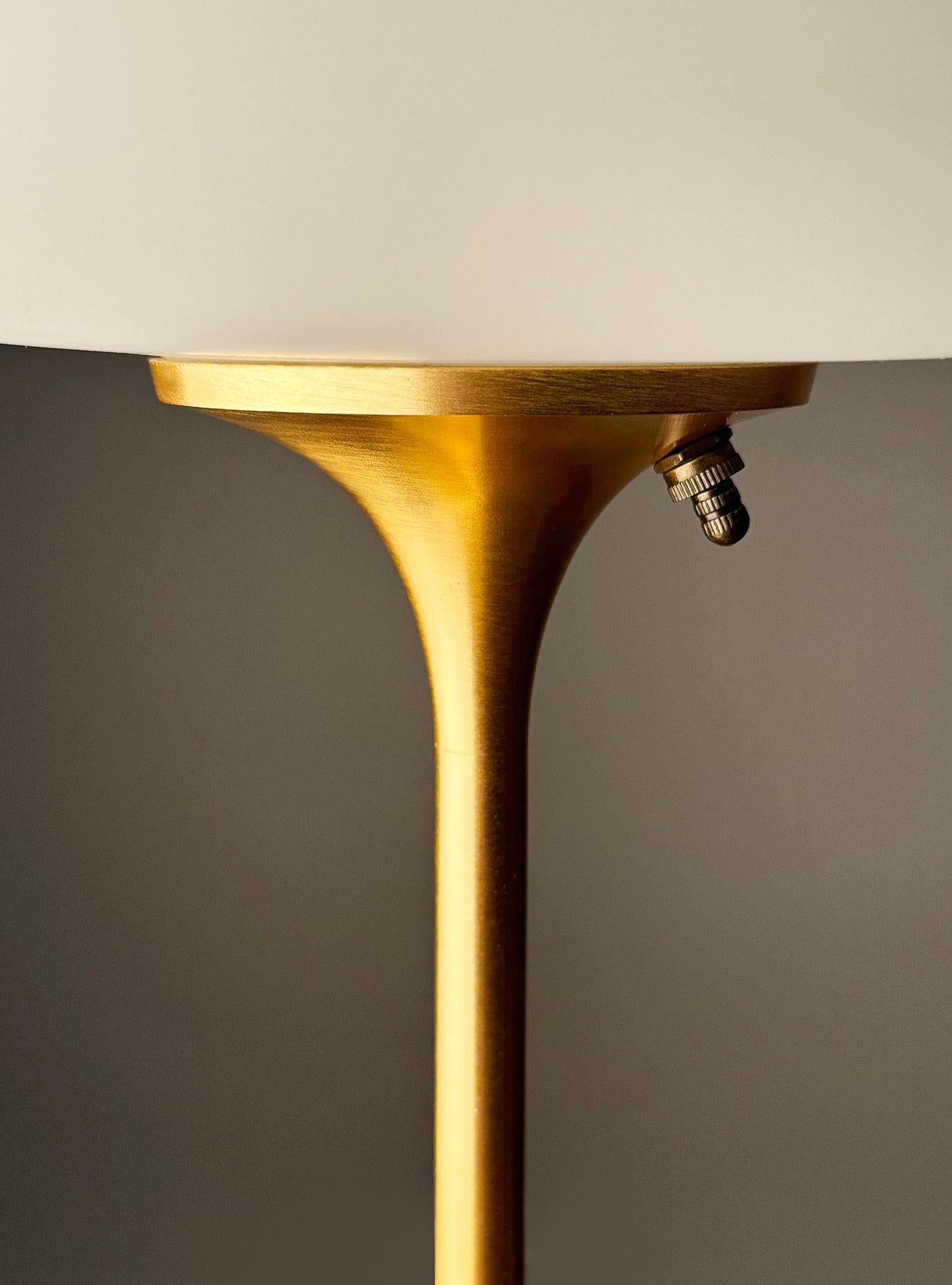 Mid-Century Modern Tall Stemlite Table Lamp by Designline in Brass with White Frosted Shade For Sale