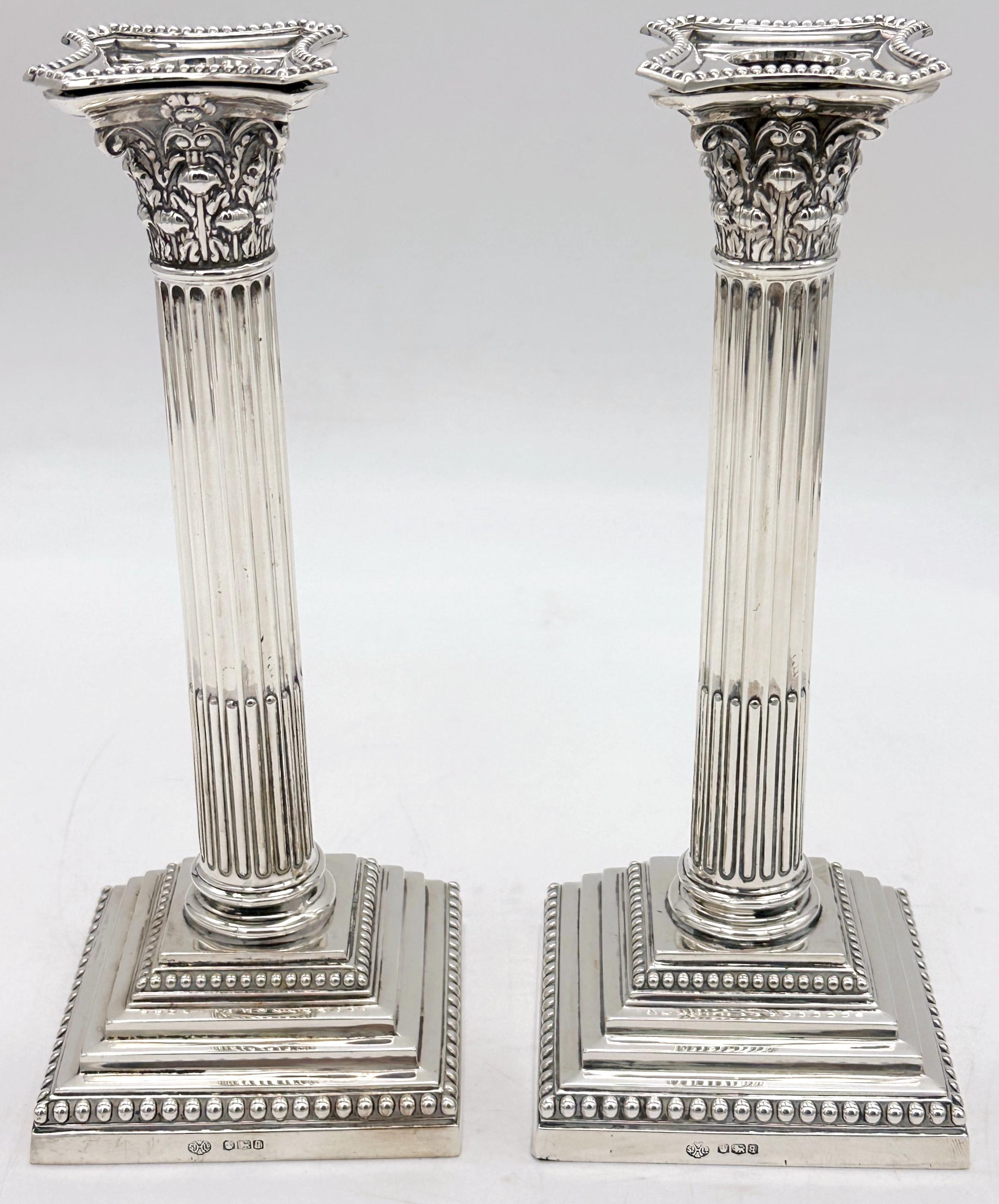Elegant Pair of Tall Sterling Silver Corinthian Column Candlesticks by William Hutton & Sons, Sheffield, 1899

An impressive pair of 9