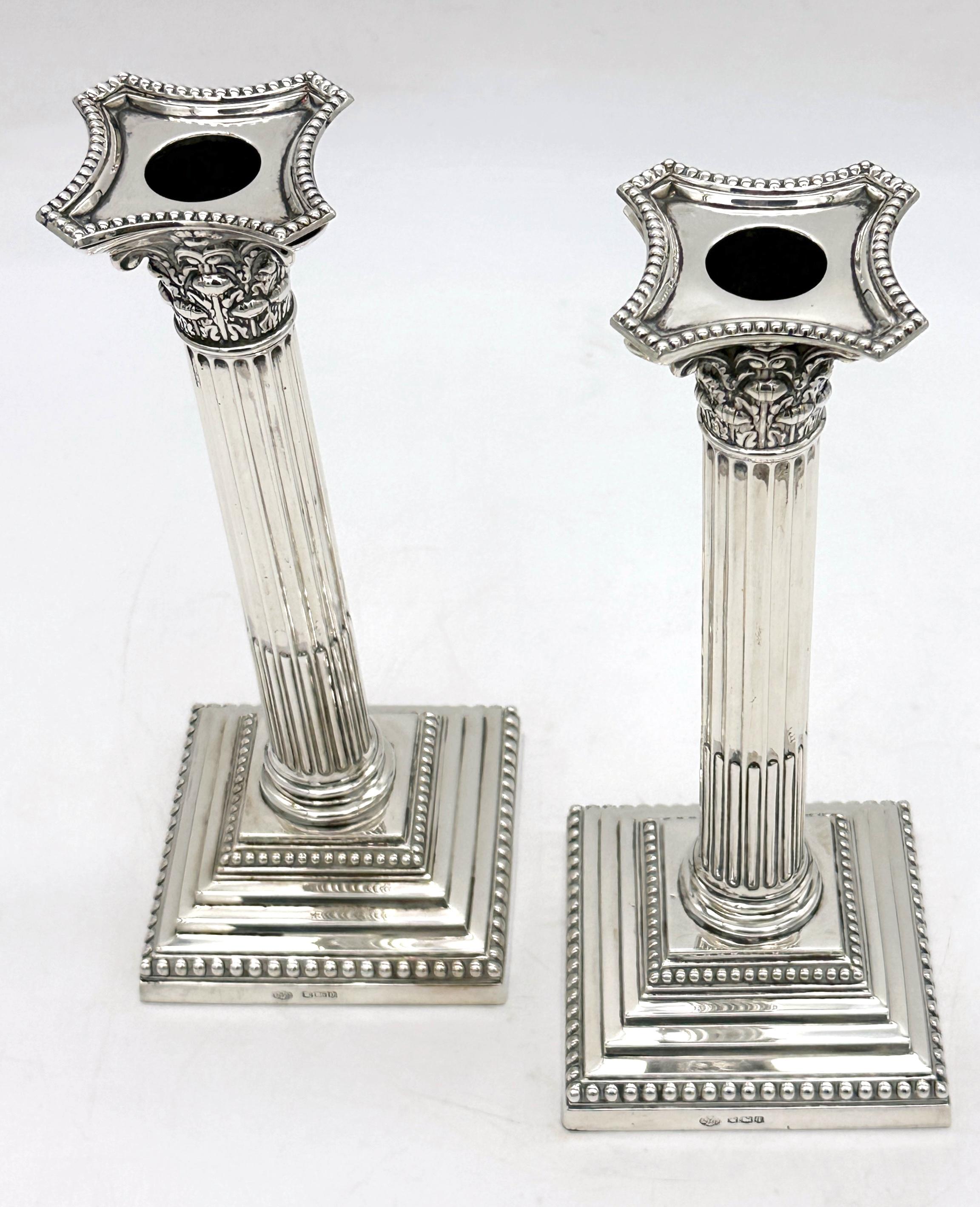 Neoclassical Tall Sterling Corinthian Column Candlesticks Sheffield, 1899 William Hutton For Sale