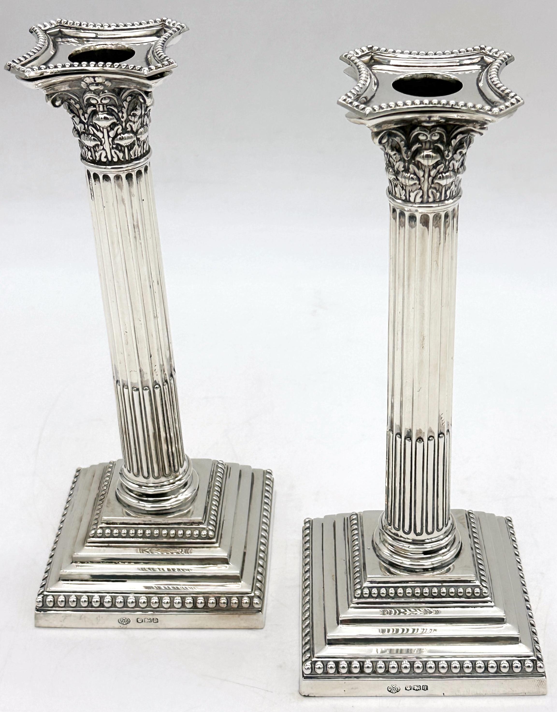 English Tall Sterling Corinthian Column Candlesticks Sheffield, 1899 William Hutton For Sale