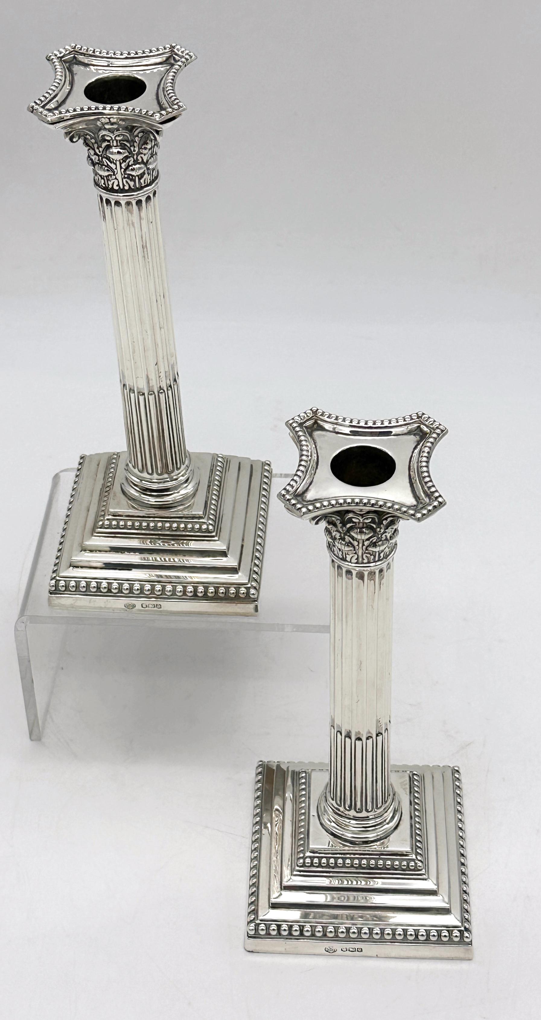 Tall Sterling Corinthian Column Candlesticks Sheffield, 1899 William Hutton In Good Condition For Sale In West Palm Beach, FL