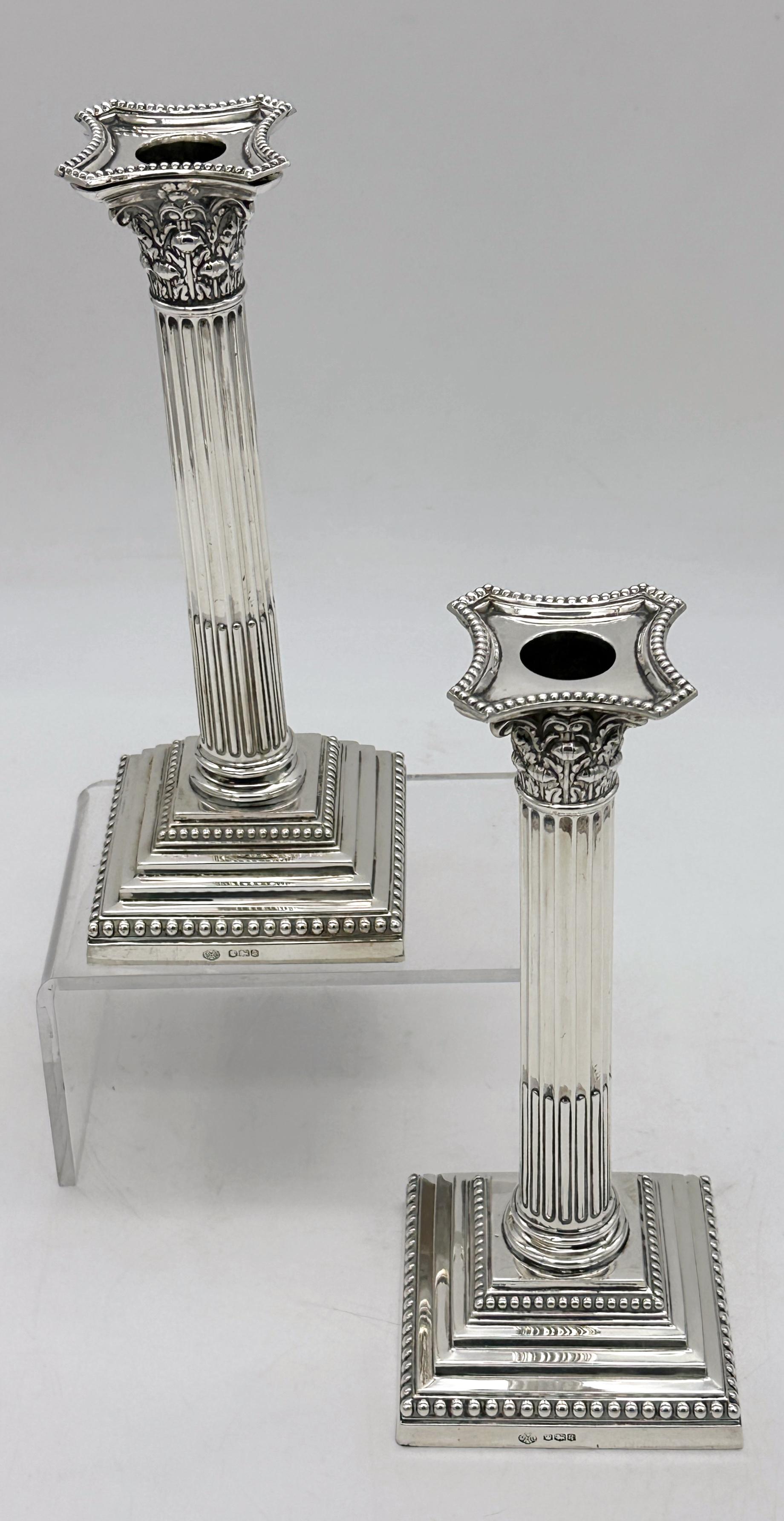 19th Century Tall Sterling Corinthian Column Candlesticks Sheffield, 1899 William Hutton For Sale