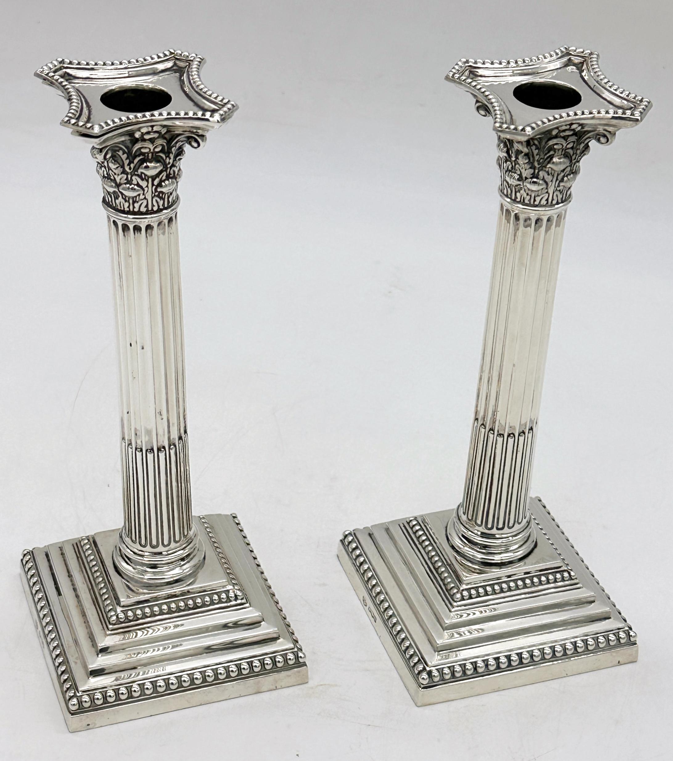 Sterling Silver Tall Sterling Corinthian Column Candlesticks Sheffield, 1899 William Hutton For Sale