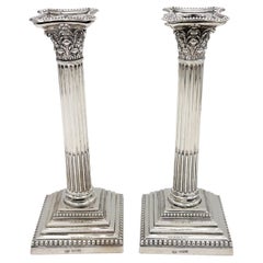 Tall Sterling Corinthian Column Candlesticks Sheffield, 1899 William Hutton