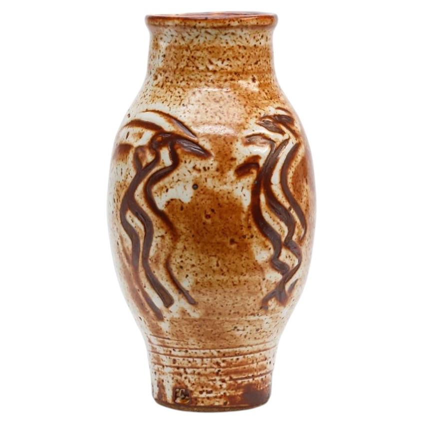 Tall Stoneware Vase with Shino Glaze, Finger Swipes by Warren MacKenzie, Stamped For Sale