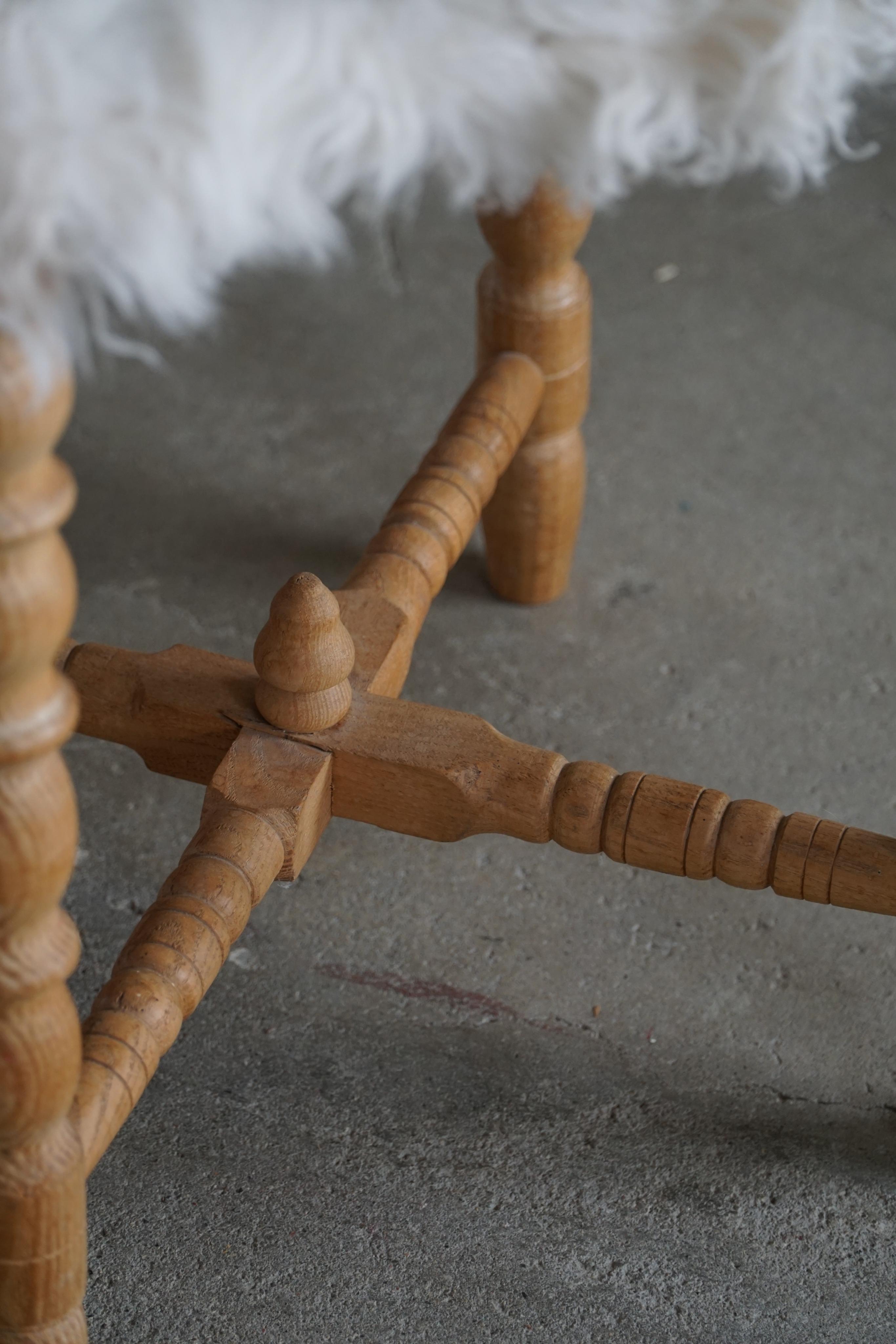 20th Century Tall Stool in Oak, Reupholstered in Lambswool, Danish Cabinetmaker, 1950s For Sale