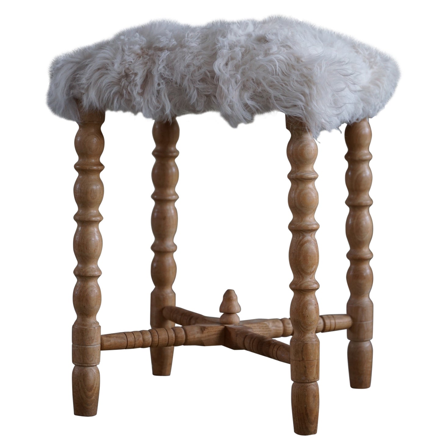 Tall Stool in Oak, Reupholstered in Lambswool, Danish Cabinetmaker, 1950s