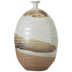 Tall Studio Pottery Bud Vase in Oyster Gray with Dark Brushwork