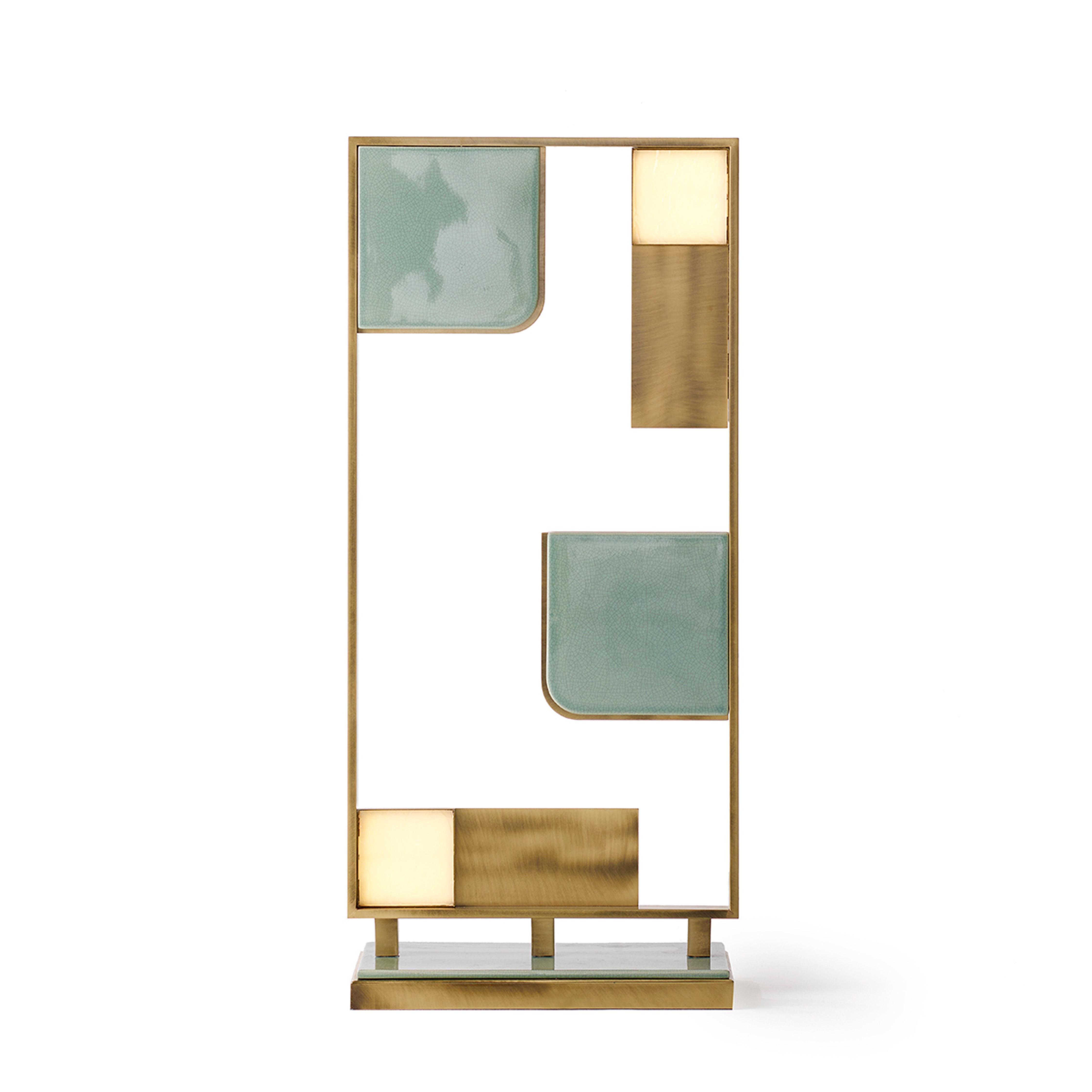 Tall Sunset Table Lamp by Marioni
Dimensions: W 42 x D 24 x H 90 cm. 
Materials: Brushed brass with glazed ceramic tiles.
Product code: 02911

Tall Sunset table lamp in brushed brass with glazed ceramic tiles. Led light sources with lucite diffusors