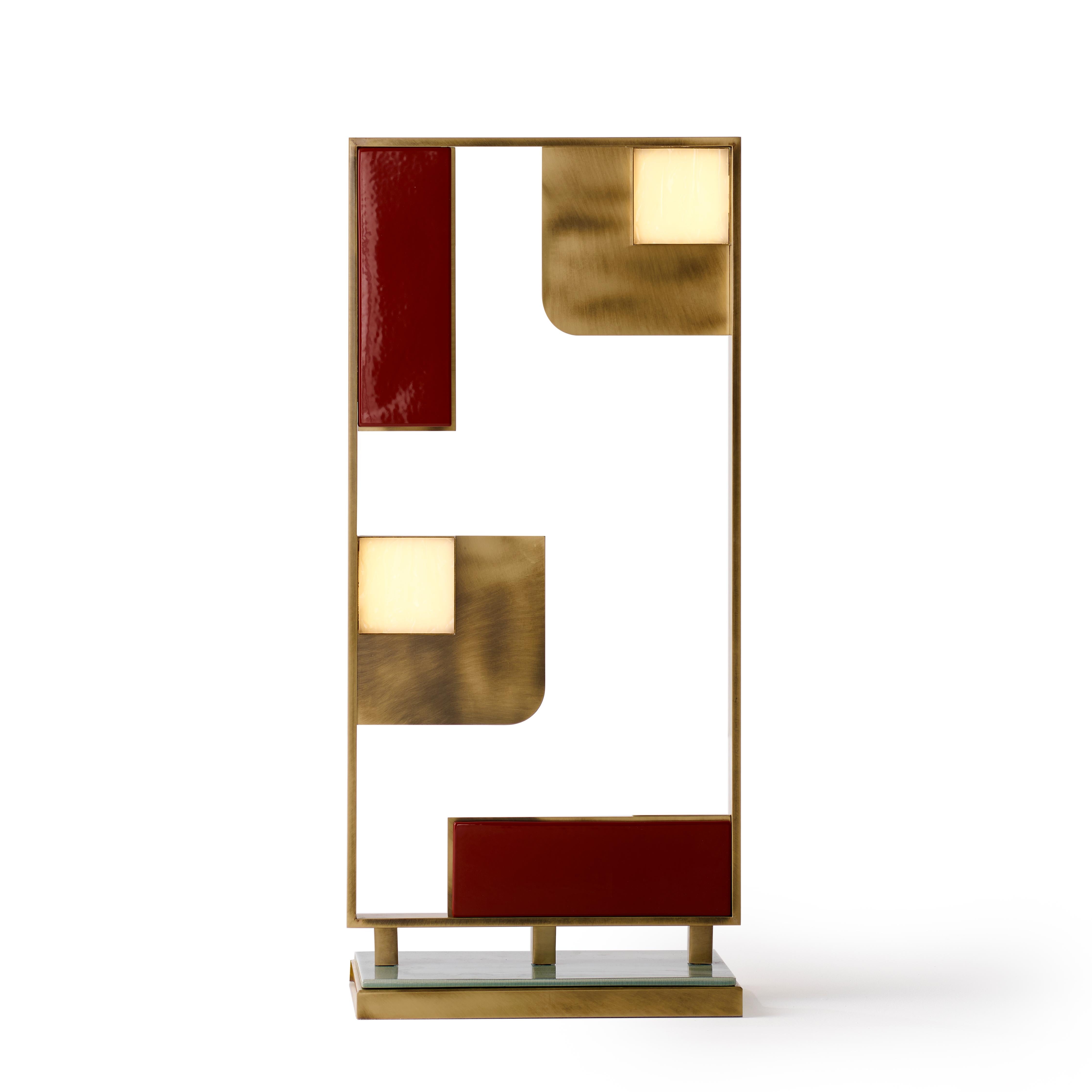 Tall Sunset Table Lamp by Marioni
Dimensions: W 42 x D 24 x H 90 cm. 
Materials: Brushed brass with glazed ceramic tiles.
Product code: 02911

Tall Sunset table lamp in brushed brass with glazed ceramic tiles. Led light sources with lucite diffusors