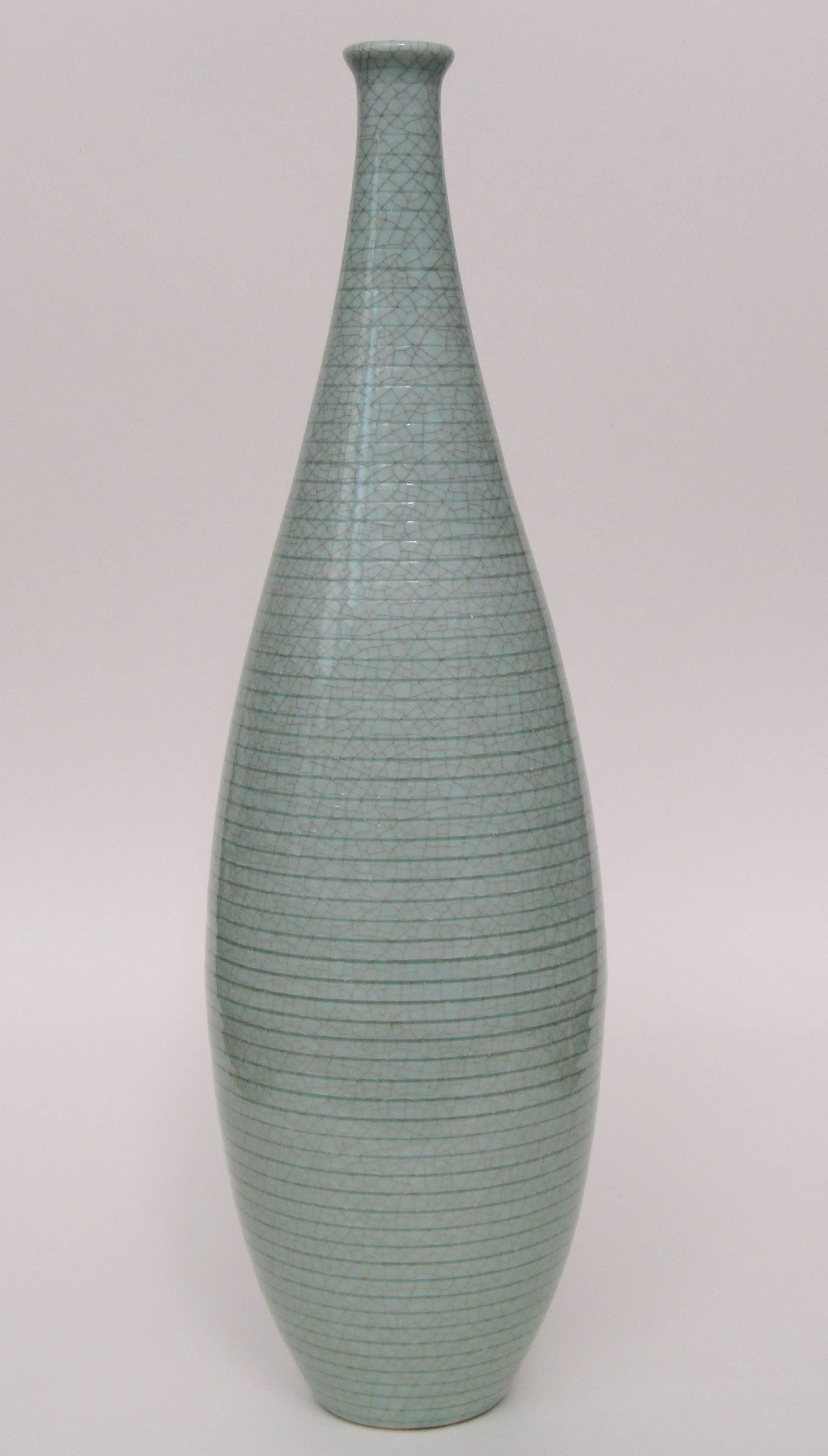 Tall Swedish 1950s Celadon Ceramic Bottle Vase In Excellent Condition For Sale In London, GB