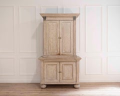 Tall Swedish cabinet in soft grey, two-piece, early‑mid 19th century