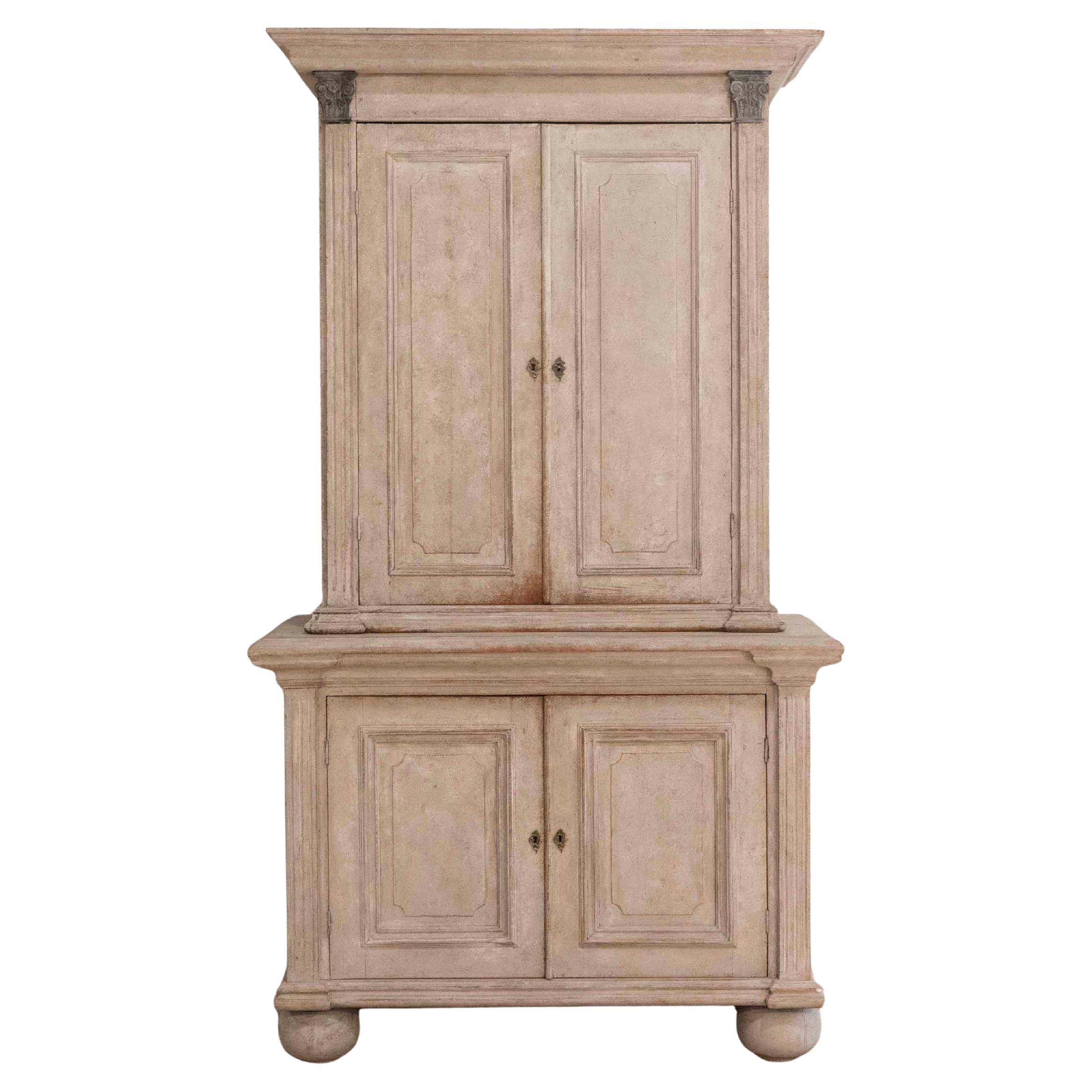 Tall Swedish cabinet in soft grey, two-piece, early‑mid 19th century For Sale