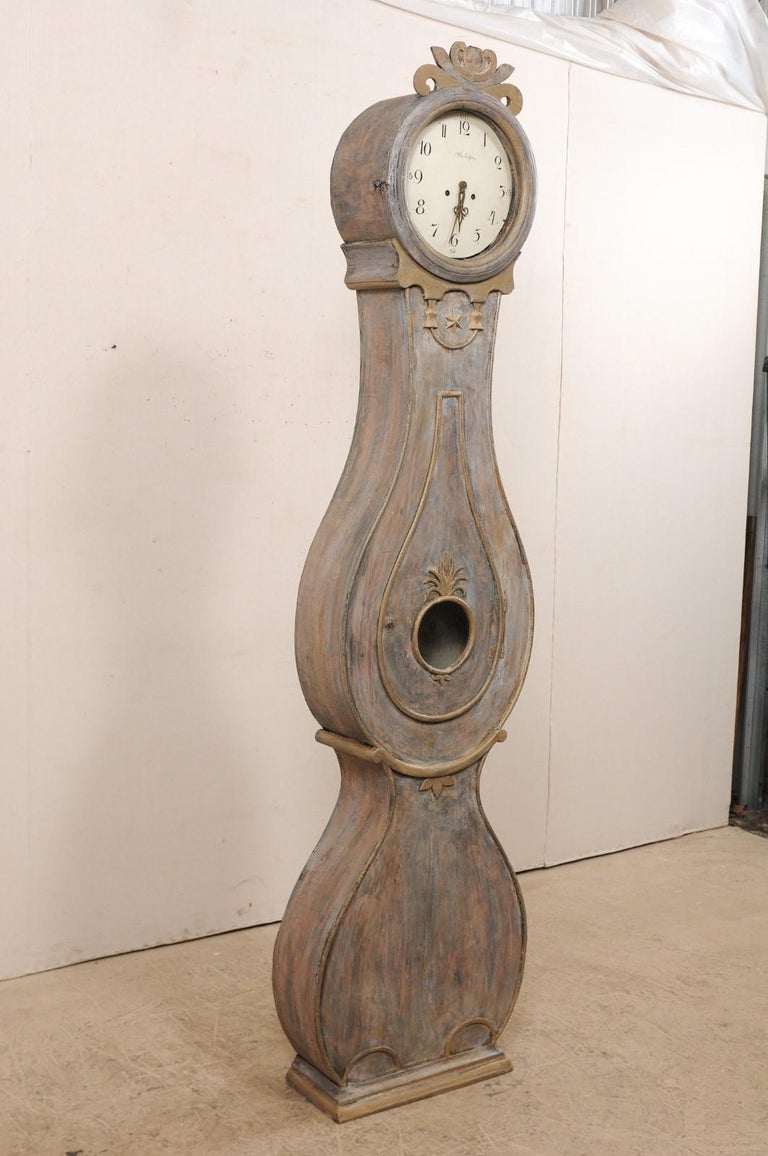 Tall Swedish Fryksdahl Carved and Painted Wood Floor Clock from the