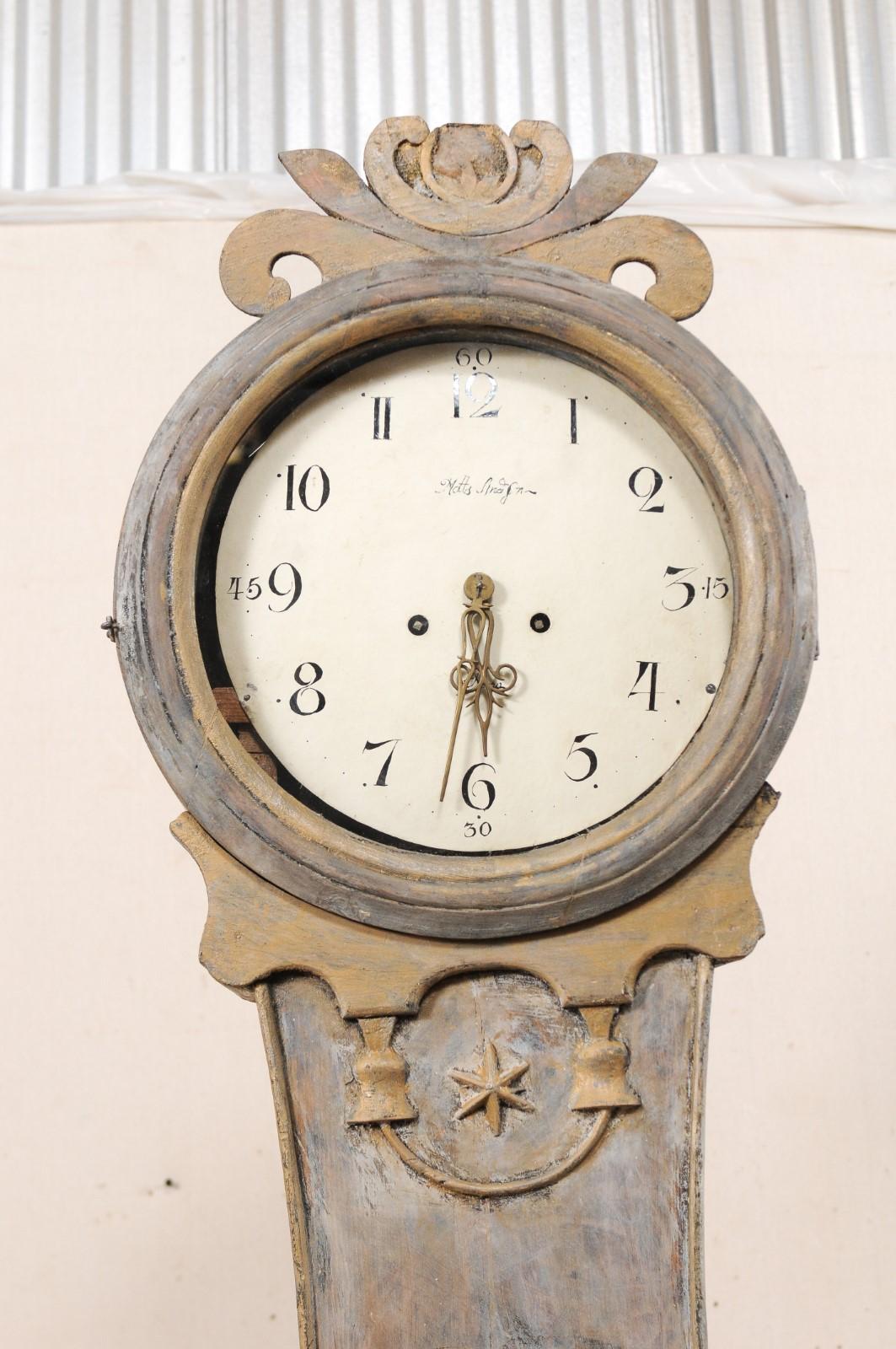 Glass Tall Swedish Fryksdahl Carved and Painted Wood Floor Clock from the 19th Century