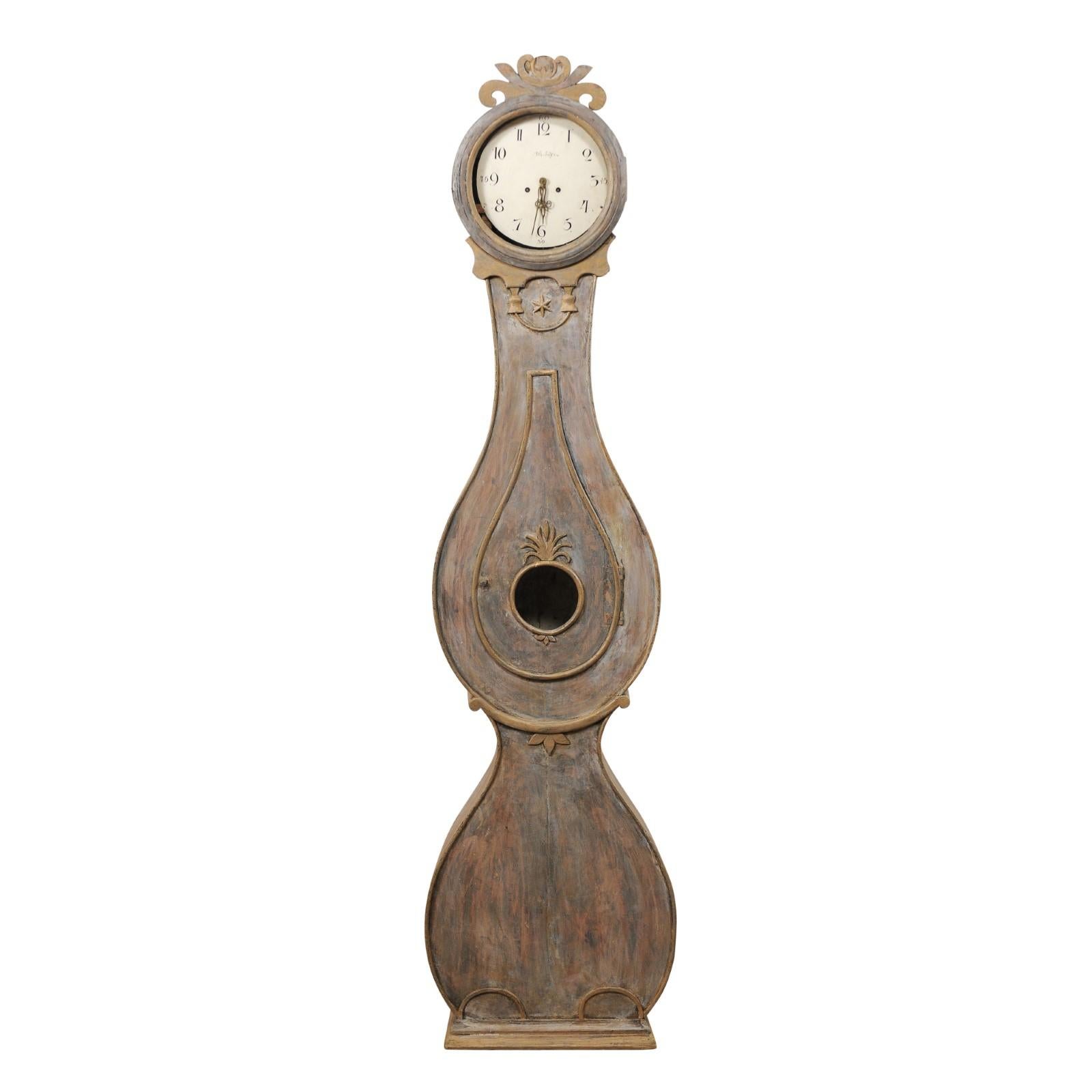 Tall Swedish Fryksdahl Carved and Painted Wood Floor Clock from the 19th Century