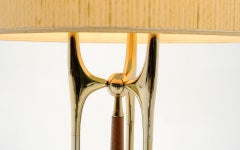 Tall Table Lamp in Brass and Walnut with Original Shade, Possibly Stiffel