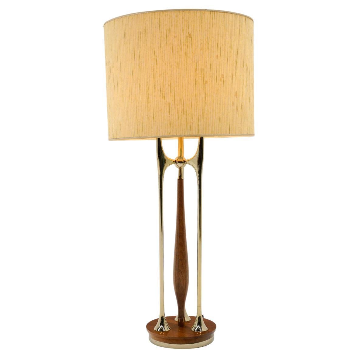 Tall Table Lamp in Brass and Walnut with Original Shade, Possibly Stiffel For Sale