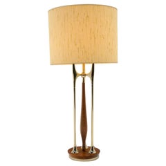 Retro Tall Table Lamp in Brass and Walnut with Original Shade, Possibly Stiffel