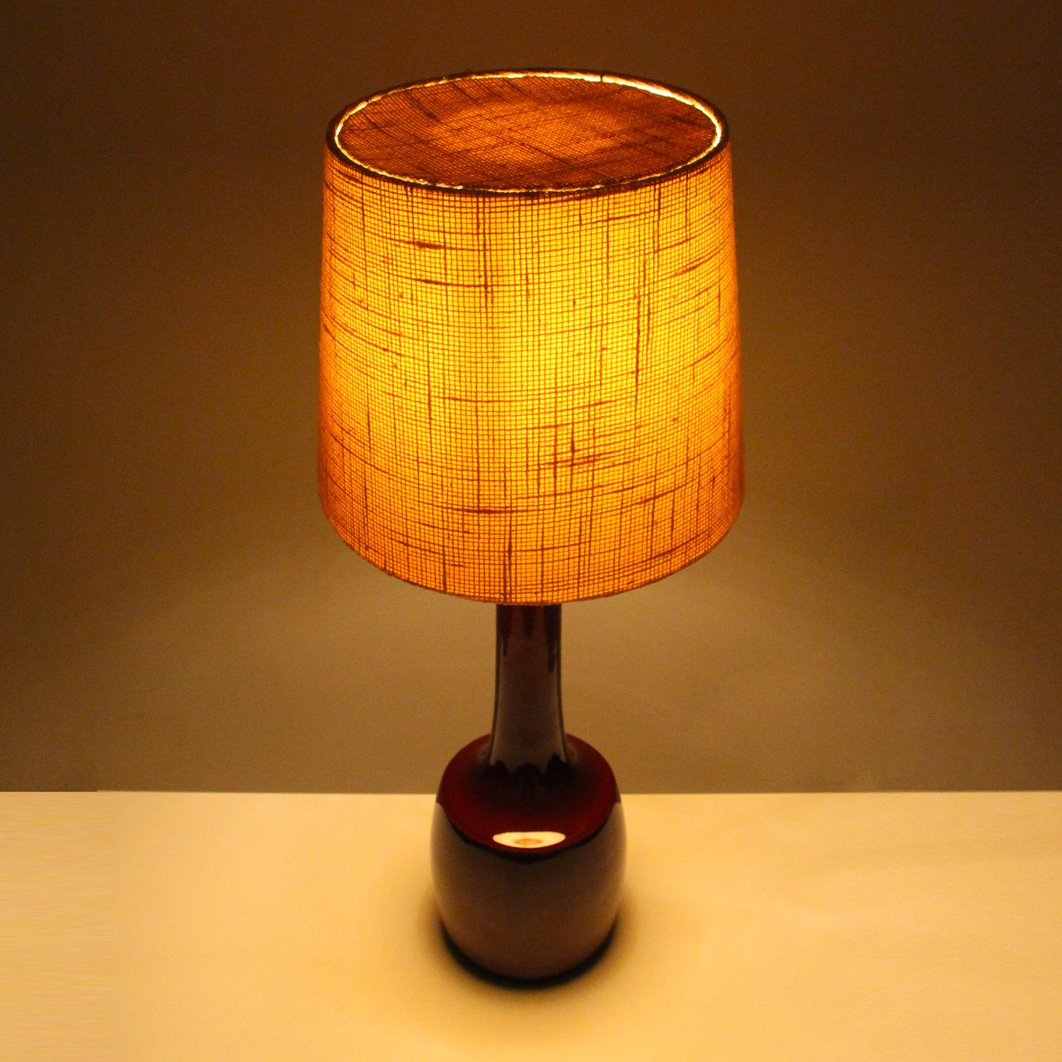 Danish Tall Table Light by Knabstrup Keramik 1960s, Burgundy Ceramic Lamp with Shade
